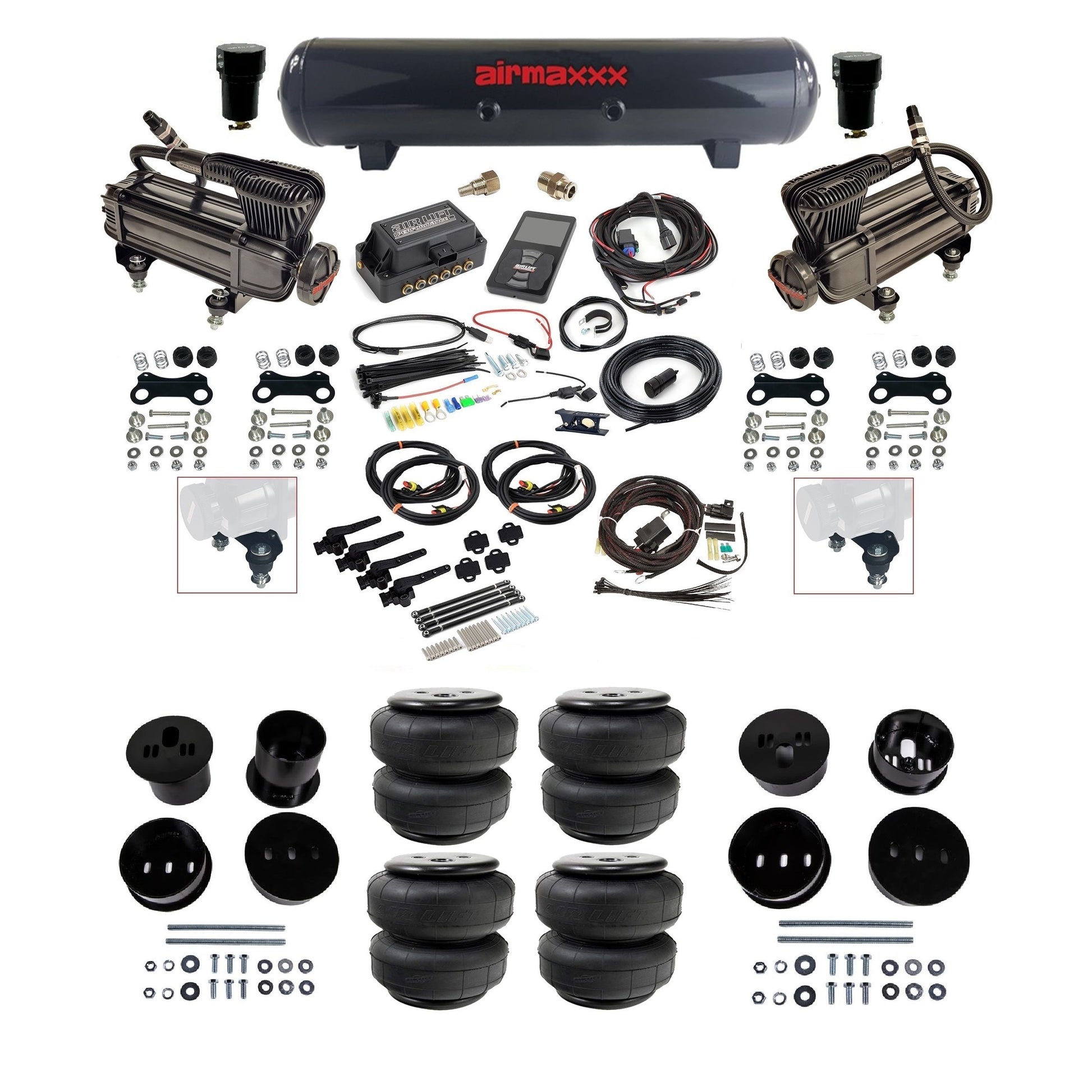 Air Lift 3H 3/8 air ride kit with dual black X-series compressors steel tank airlift bags & airmaxxx bolt on brackets fits 1958-60 Cadillac KCAD58-XB2-57S-27695-WK-3P2D25