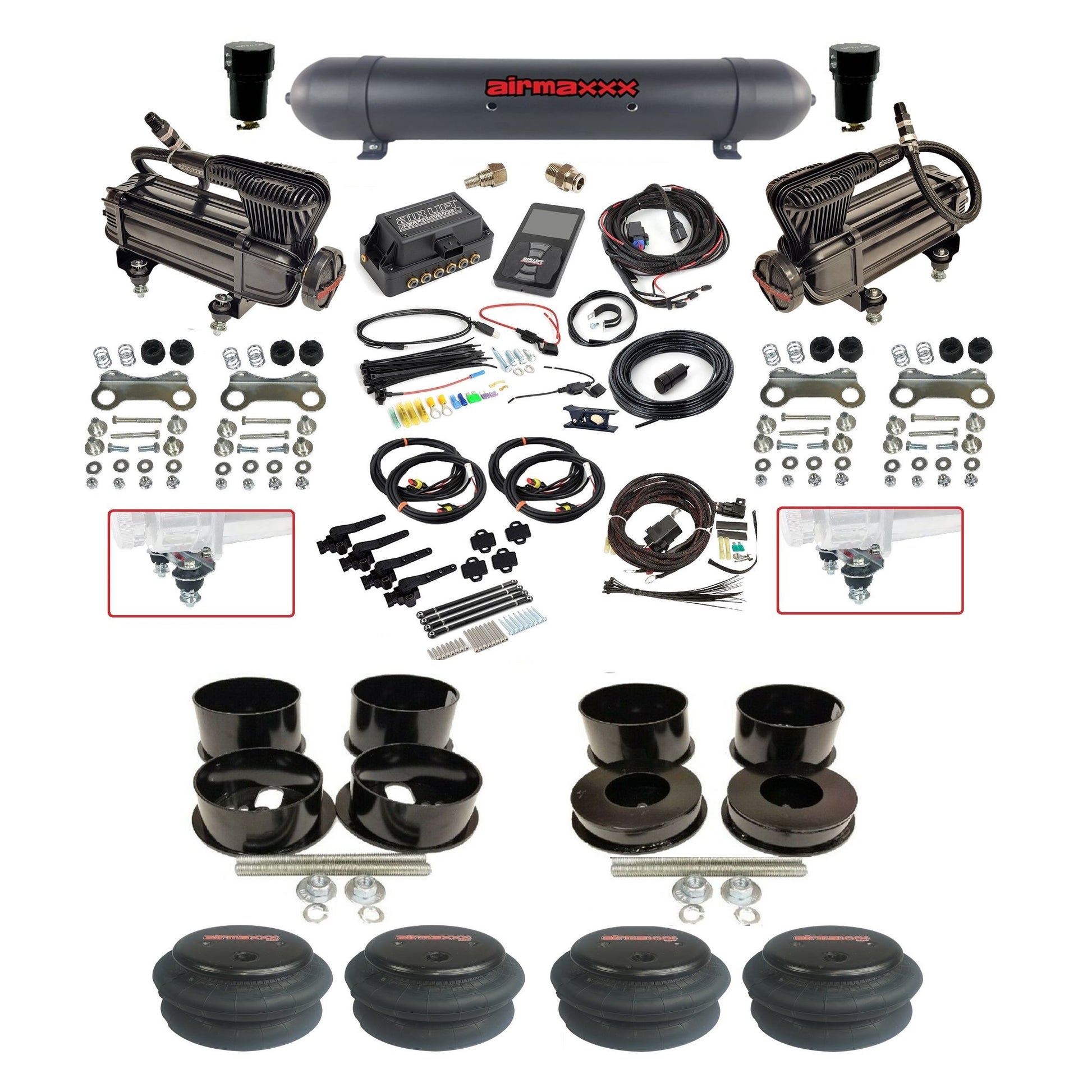 Air Lift 3H 3/8 air suspension kit with dual X-series compressors aluminum tank 2600 bags & airmaxxx brackets fits 1971-96 GM B-Body KBBDY-XB2-57ABK-27695-WK-3P2