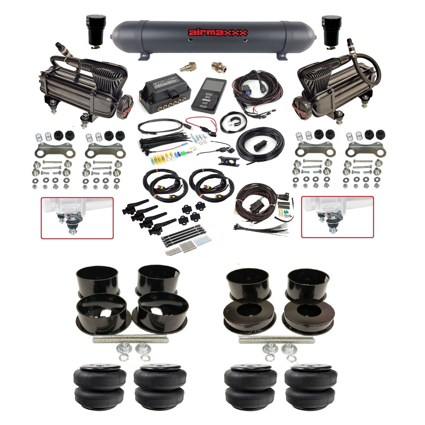Air Lift 3H 3/8 air suspension kit with dual X-series compressors aluminum tank airlift bags & airmaxxx brackets fits 1971-96 GM B-Body KBBDY-XB2-57ABK-27695-WK-3P2D25