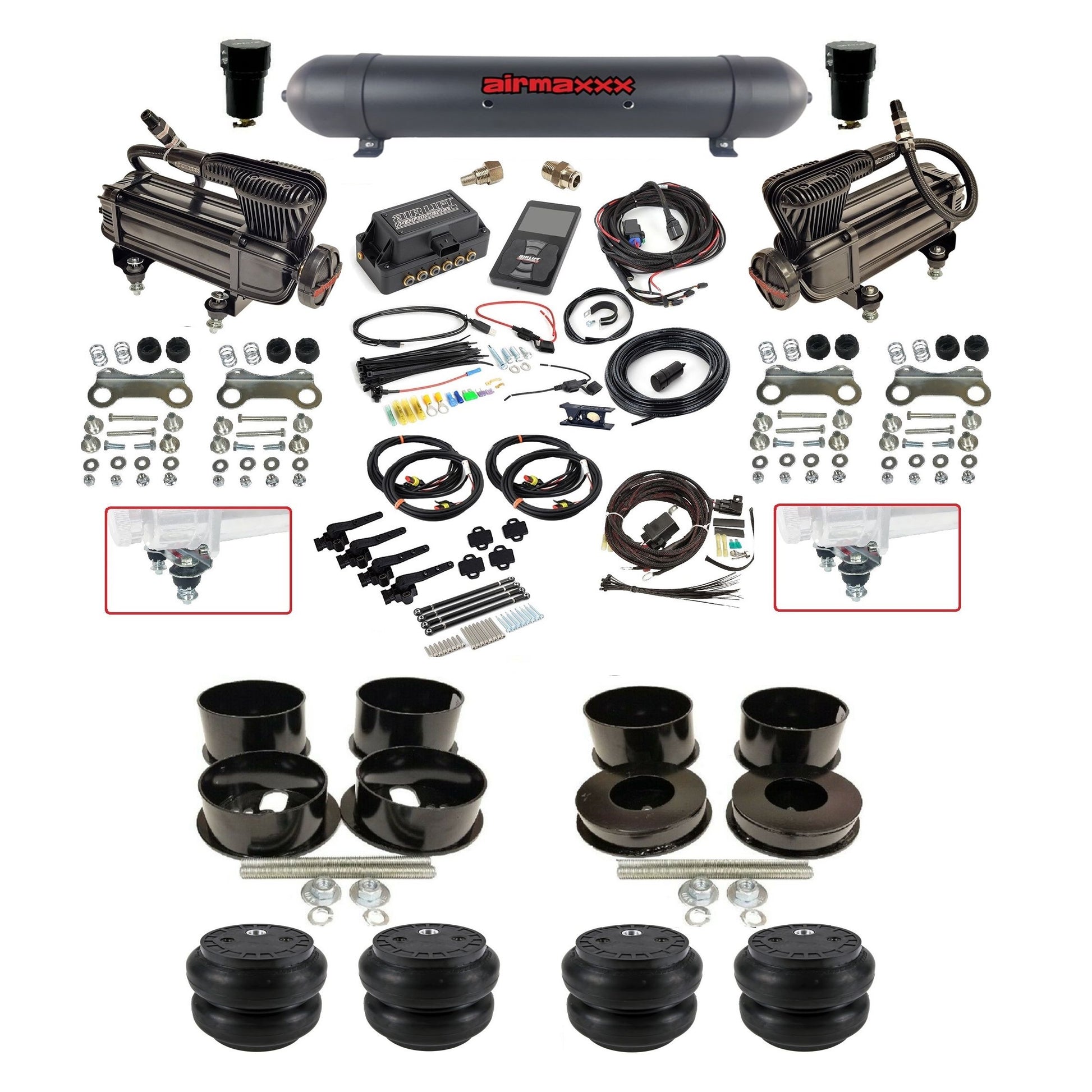 Air Lift 3H 3/8 air suspension kit with dual X-series compressors aluminum tank slam bags & airmaxxx brackets fits 1971-96 GM B-Body KBBDY-XB2-57ABK-27695-WK-3P2SS7