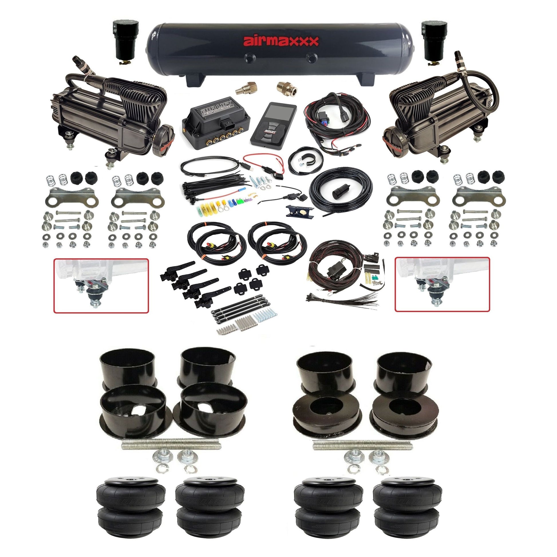 Air Lift 3H 3/8 air suspension kit with dual X-series compressors steel tank airlift bags & airmaxxx brackets fits 1971-96 GM B-Body BBDY-XB2-57S-27695-WK-3P2D25