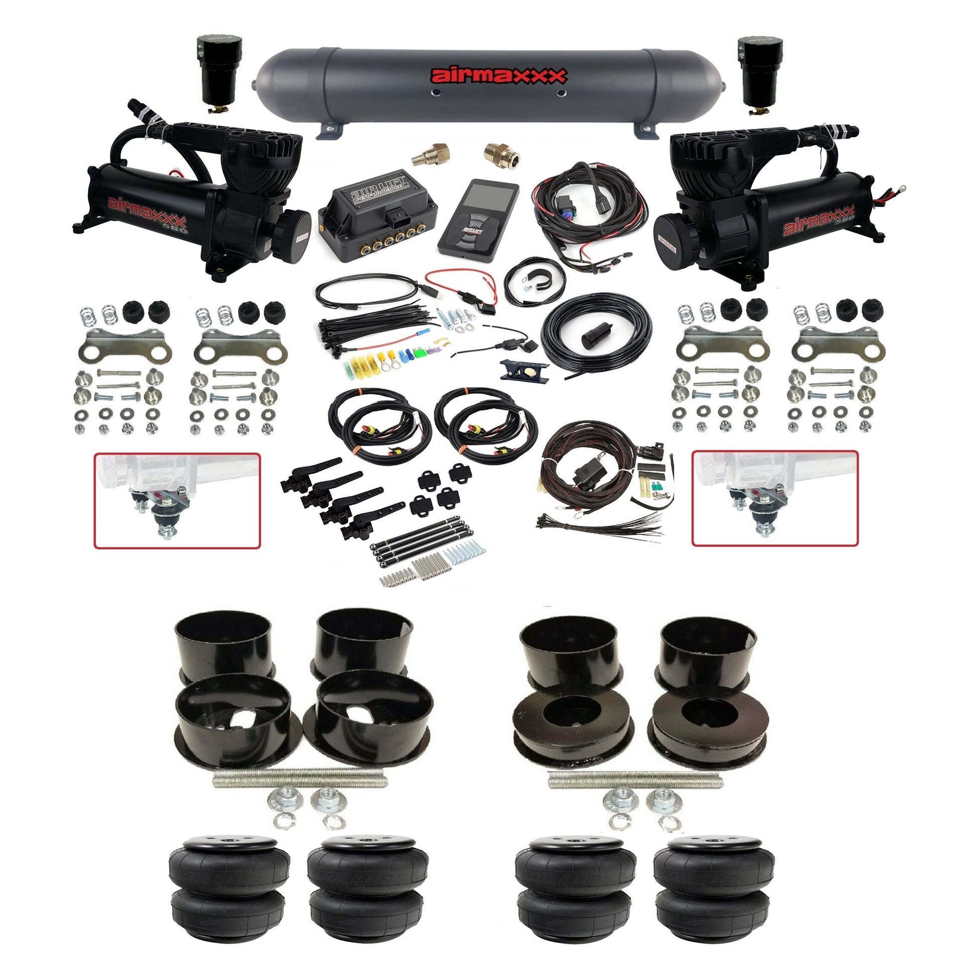 Air Lift 3H 3/8 air suspension kit with dual black 580 compressors aluminum tank airlift bags & airmaxxx brackets fits 1971-96 GM B-Body KBBDY-580B2-57ABK-27695-WK-3P2D25