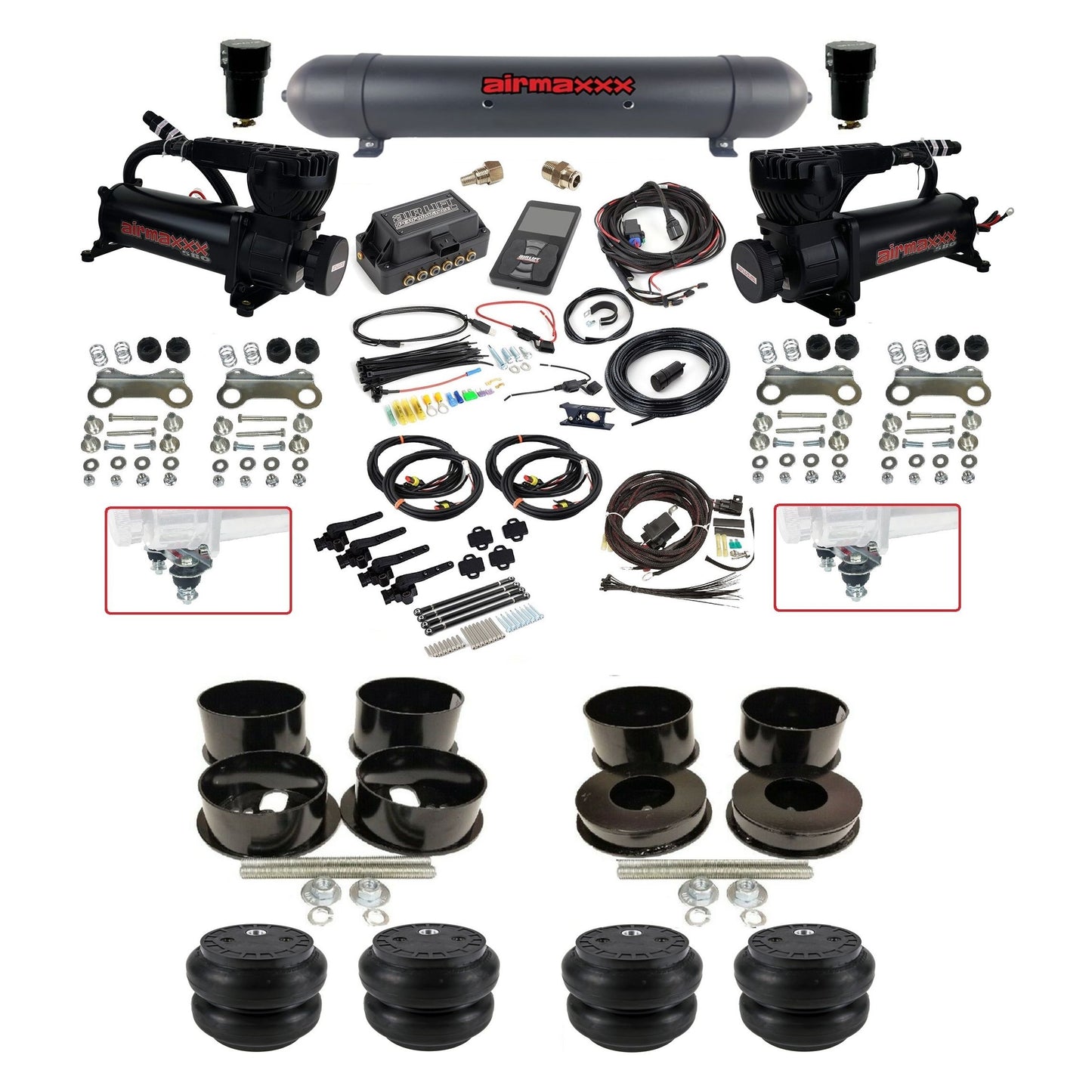 Air Lift 3H 3/8 air suspension kit with dual black 580 compressors aluminum tank slam bags & airmaxxx brackets fits 1971-96 GM B-Body KBBDY-580B2-57ABK-27695-WK-3P2SS7