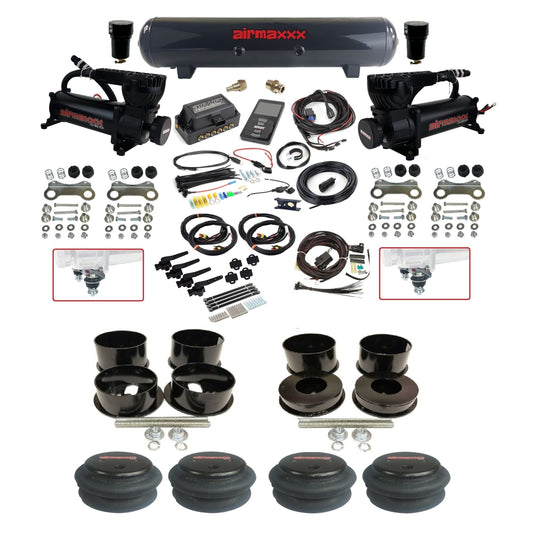 Air Lift 3H 3/8 air suspension kit with dual black 580 compressors steel tank 2600 bags & airmaxxx brackets fits 1971-96 GM B-Body KBBDY-580B2-57S-27695-WK-3P2