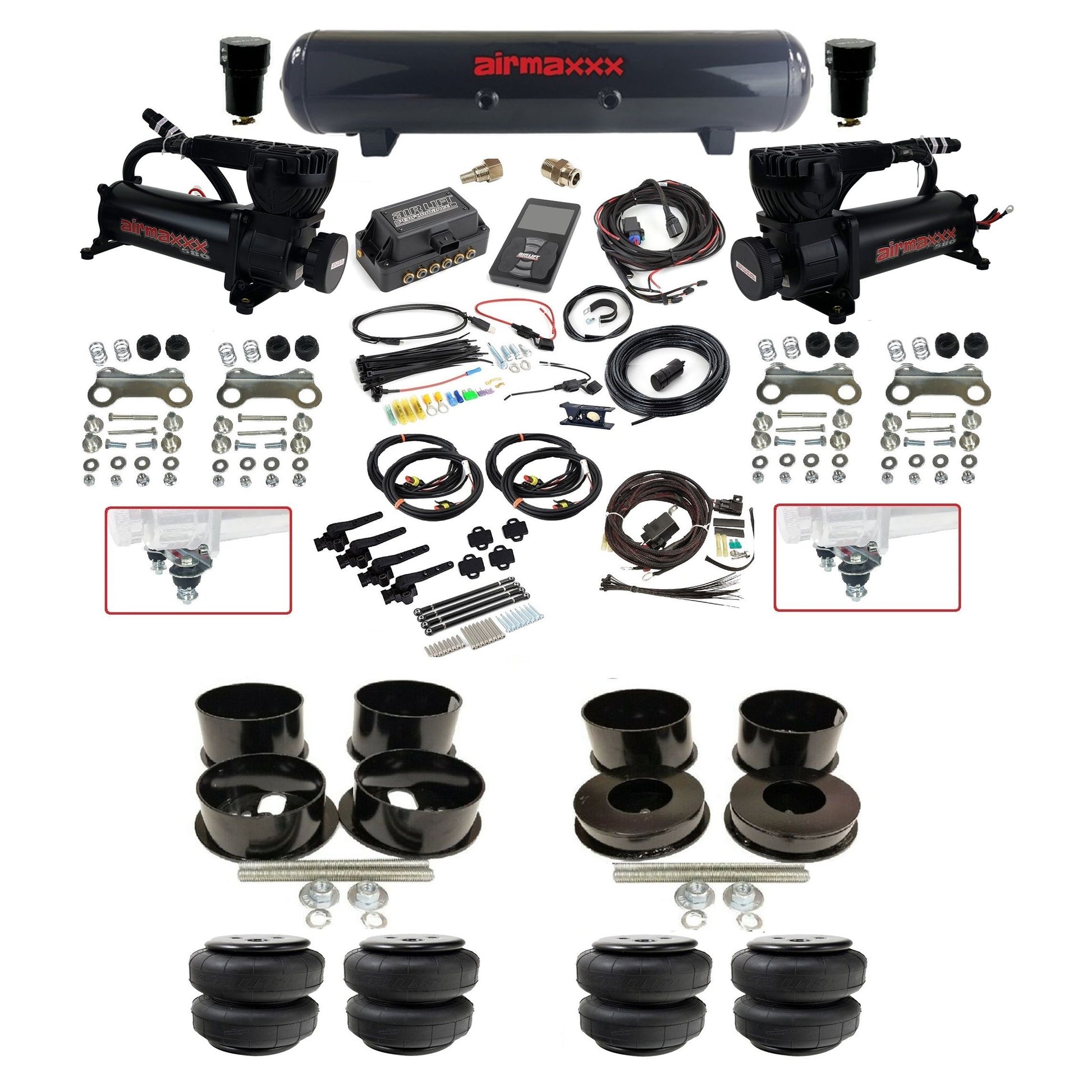 Air Lift 3H 3/8 air suspension kit with dual black 580 compressors steel tank airlift bags & airmaxxx brackets fits 1971-96 GM B-Body KBBDY-580B2-57S-27695-WK-3P2D25