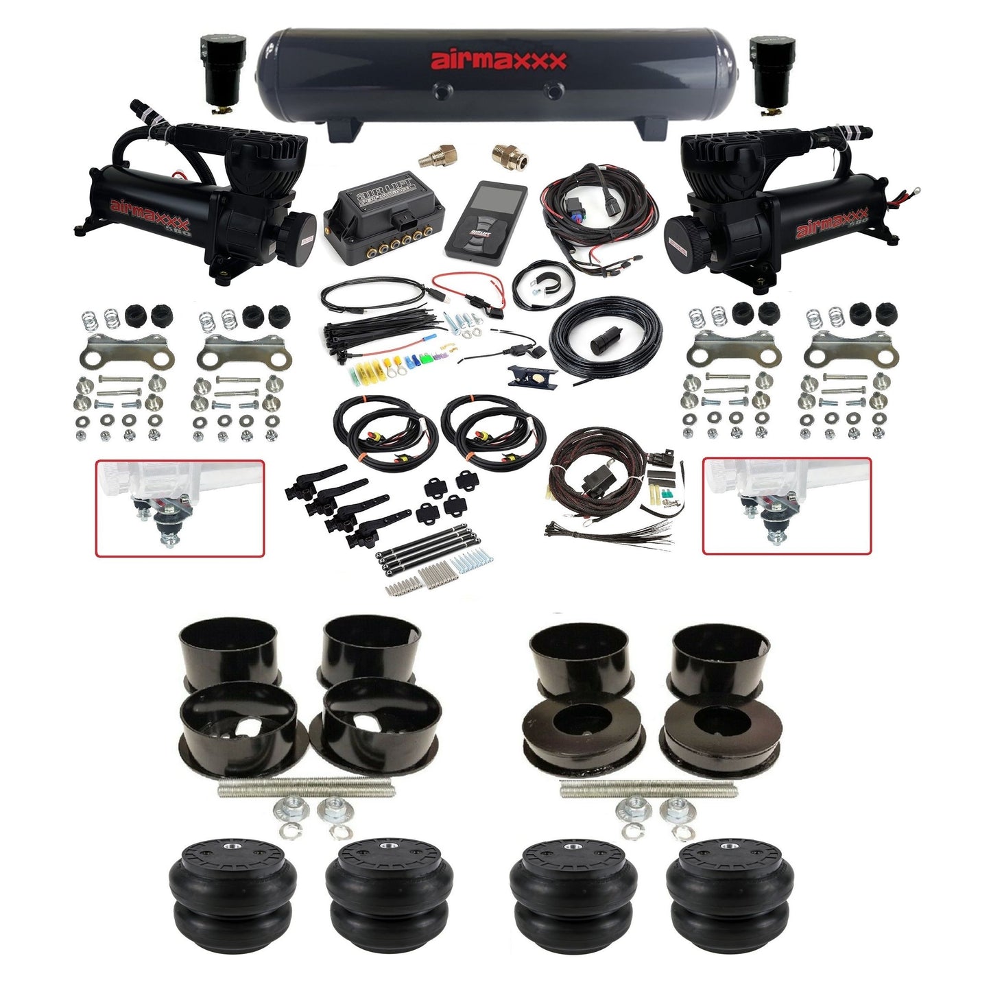Air Lift 3H 3/8 air suspension kit with dual black 580 compressors steel tank slam bags & airmaxxx brackets fits 1971-96 GM B-Body KBBDY-580B2-57S-27695-WK-3P2SS7