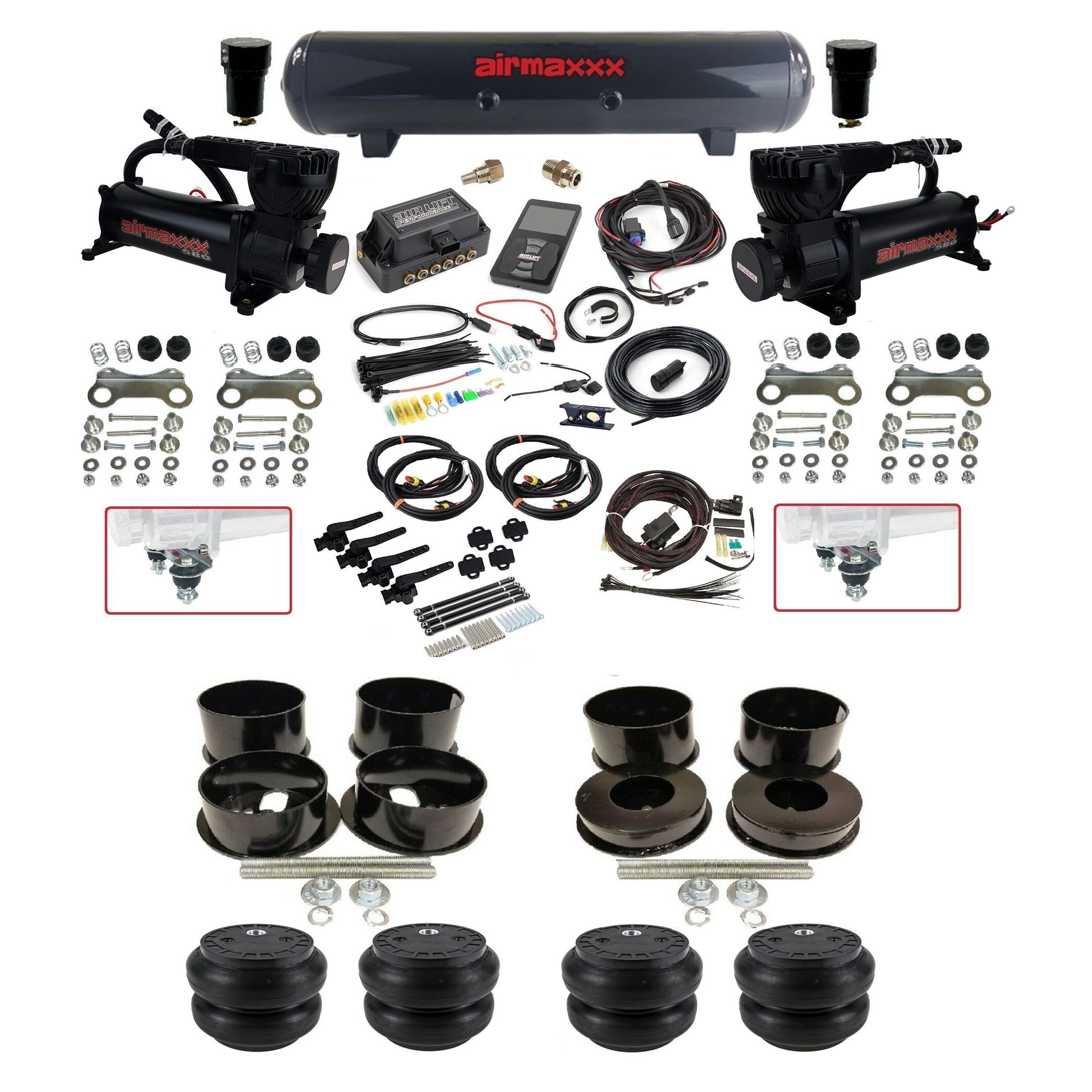Air Lift 3H 3/8 air suspension kit with dual black 580 compressors steel tank slam bags & airmaxxx brackets fits 1971-96 GM B-Body KBBDY-580B2-57S-27695-WK-3P2SS7