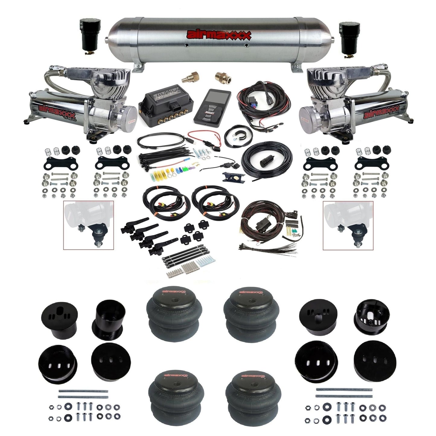 Air Lift 3H 3/8 chrome 580 compressor raw aluminum tank 2600 bags & airmaxxx brackets air ride kit for 1958-60 Cadillac KCAD58-580C2-57ARW-27695-WK-3P2