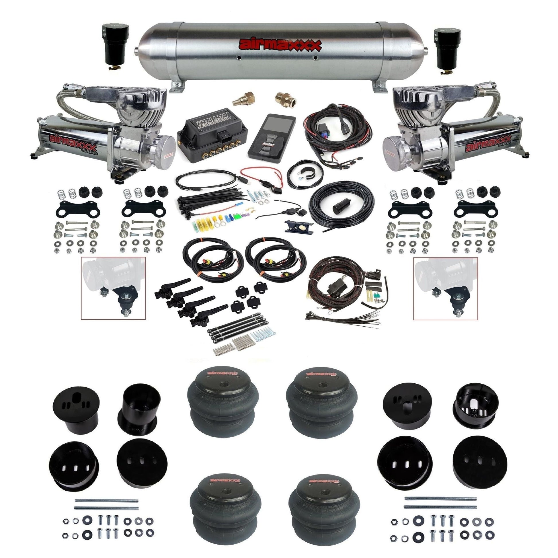 Air Lift 3H 3/8 chrome 580 compressor raw aluminum tank 2600 bags & airmaxxx brackets air ride kit for 1958-60 Cadillac KCAD58-580C2-57ARW-27695-WK-3P2