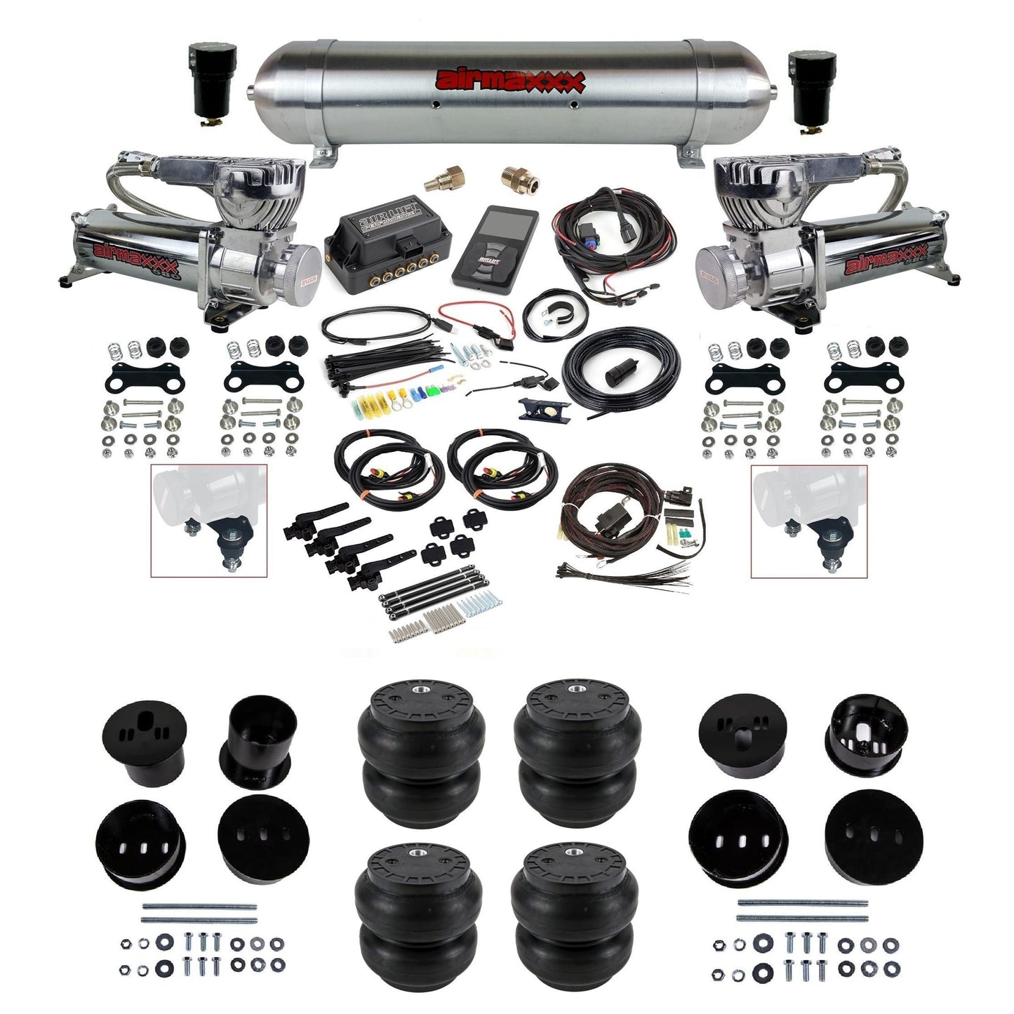 Air Lift 3H 3/8 chrome 580 compressor raw aluminum tank Slam bags & airmaxxx brackets air ride kit for 1958-60 Cadillac KCAD58-580C2-57ARW-27695-WK-3P2SS7