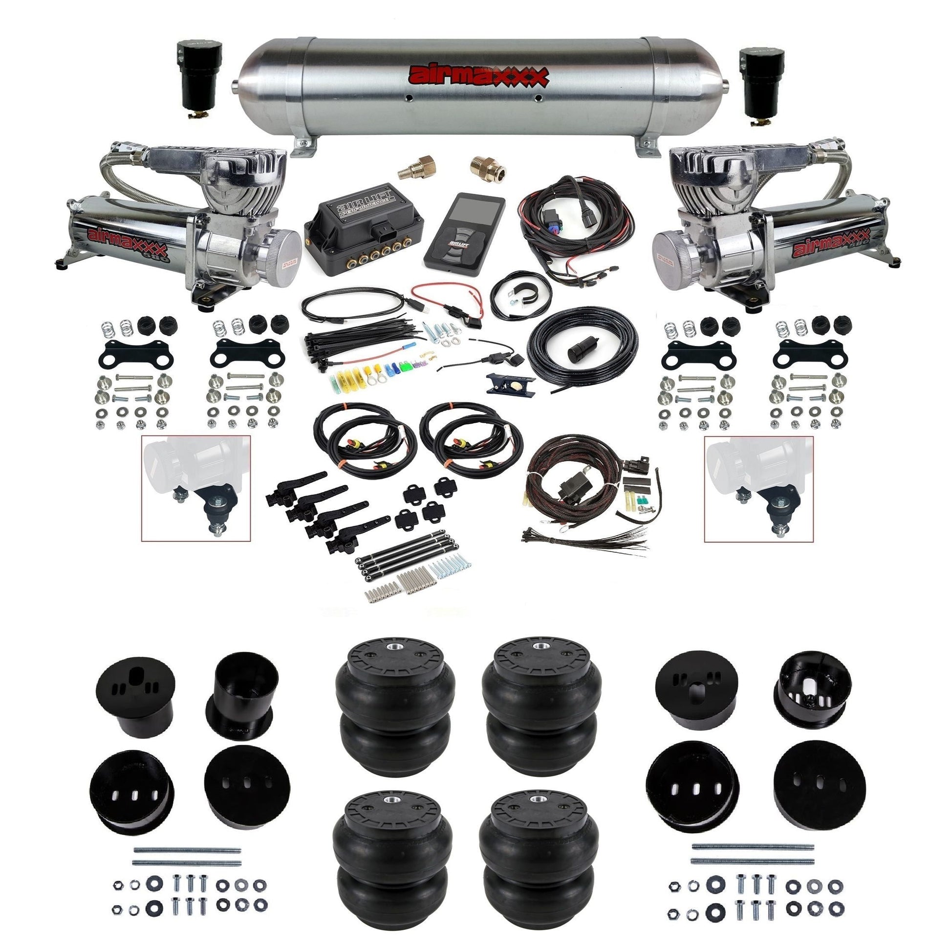 Air Lift 3H 3/8 chrome 580 compressor raw aluminum tank Slam bags & airmaxxx brackets air ride kit for 1958-60 Cadillac KCAD58-580C2-57ARW-27695-WK-3P2SS7