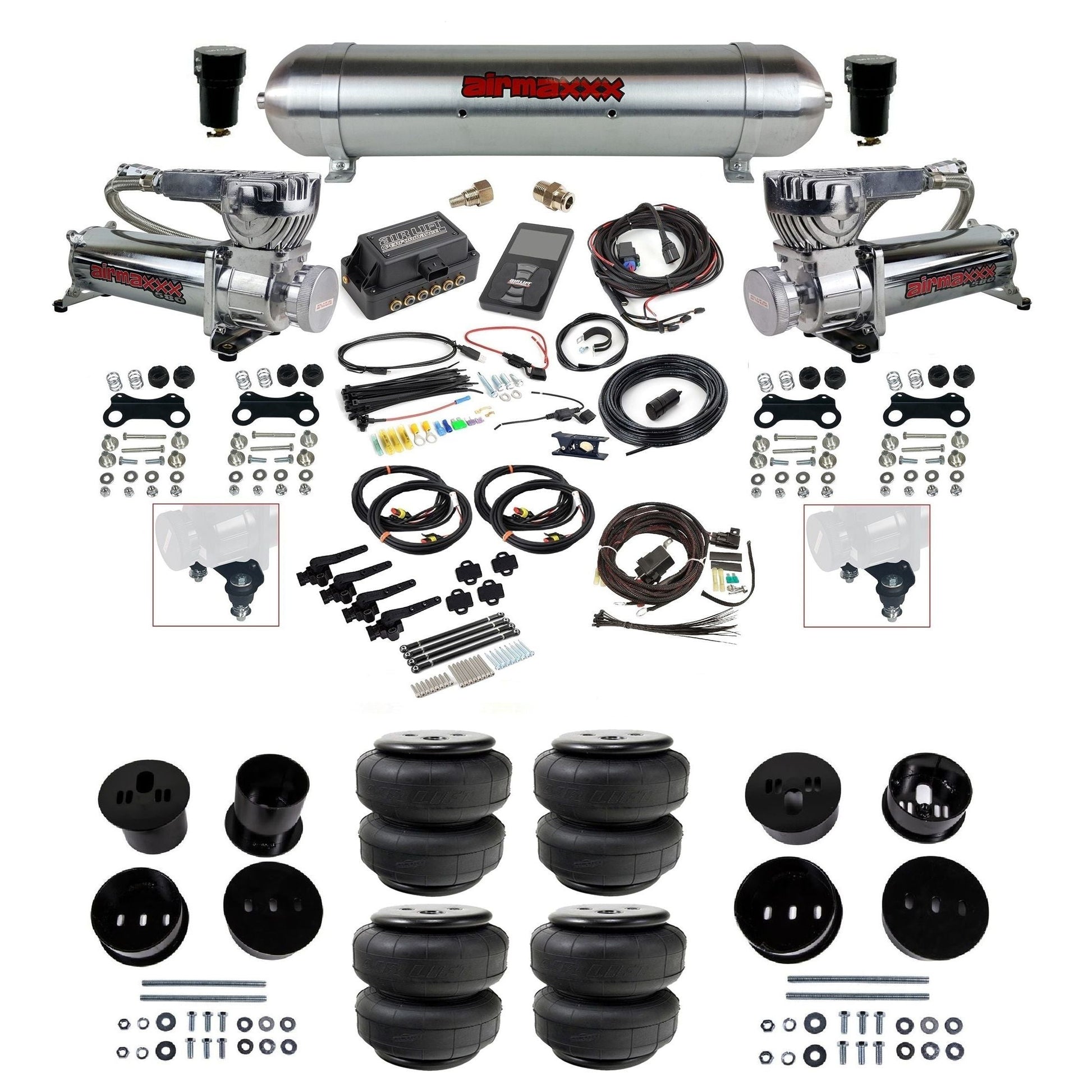 Air Lift 3H 3/8 chrome 580 compressor raw aluminum tank airlift bags & airmaxxx brackets air ride kit for 1958-60 Cadillac KCAD58-580C2-57ARW-27695-WK-3P2D25