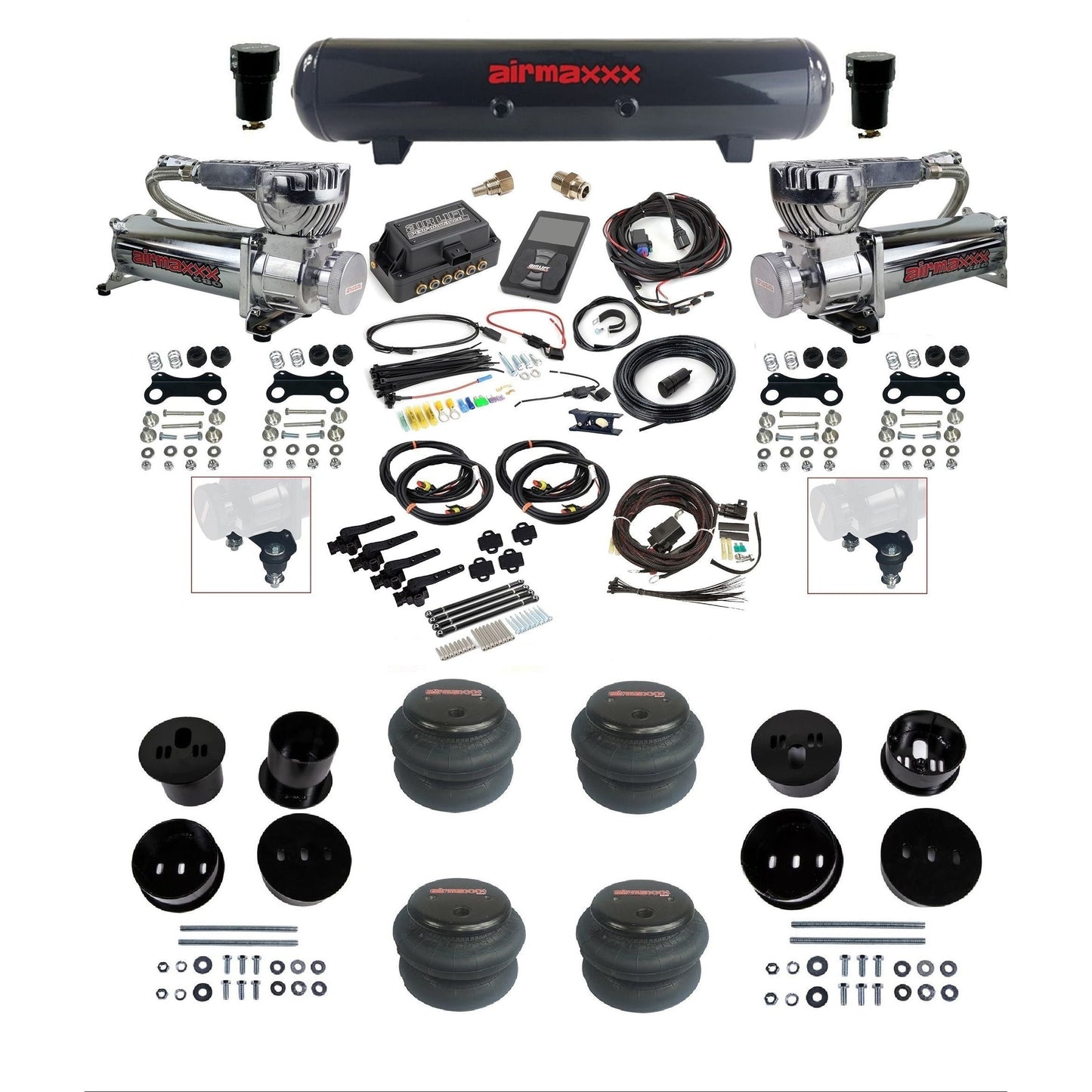 Air Lift 3H 3/8 chrome 580 compressor steel tank 2600 bags & airmaxxx brackets air ride kit for 1958-60 Cadillac KCAD58-580C2-57S-27695-WK-3P2