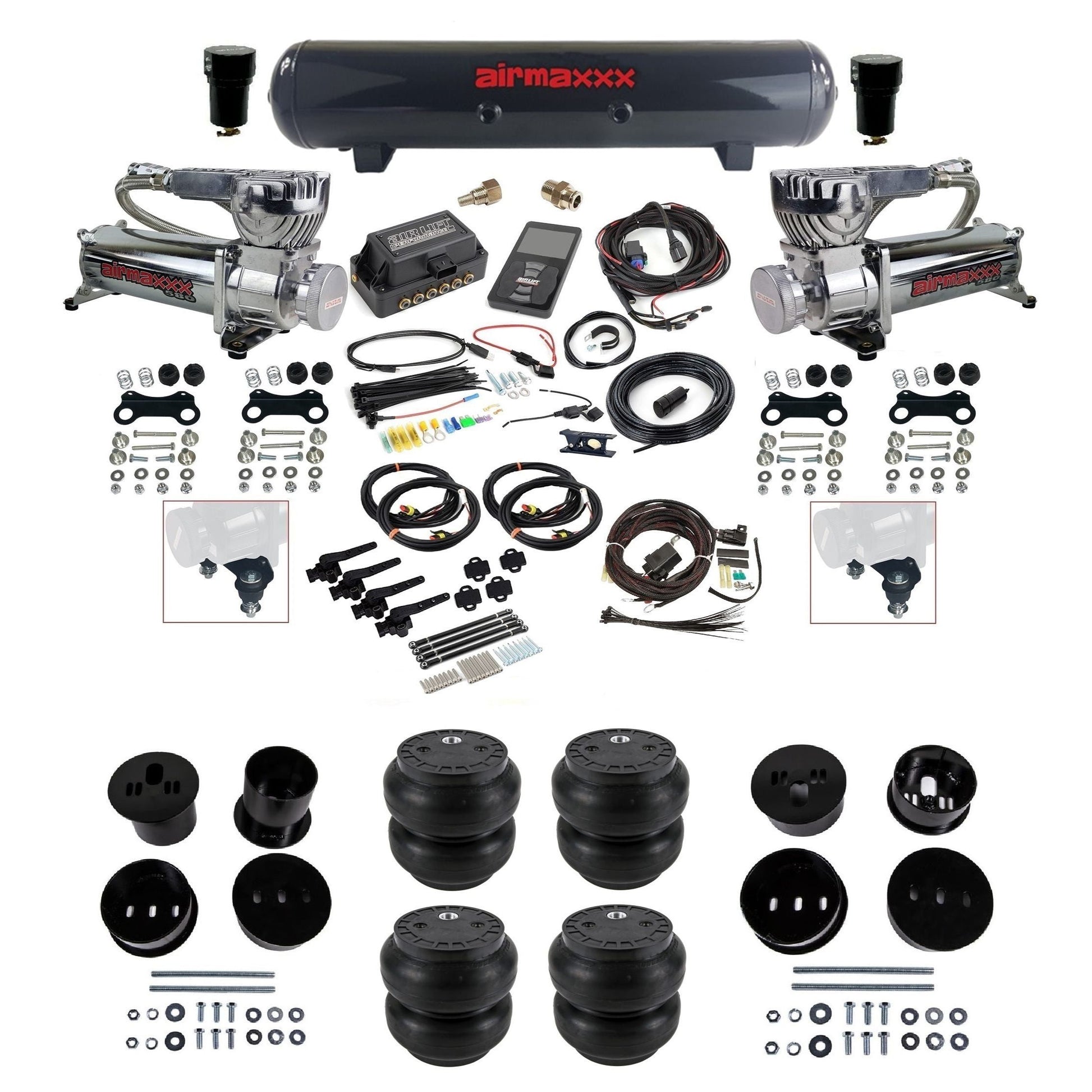 Air Lift 3H 3/8 chrome 580 compressor steel tank Slam bags & airmaxxx brackets air ride kit for 1958-60 Cadillac KCAD58-580C2-57S-27695-WK-3P2SS7