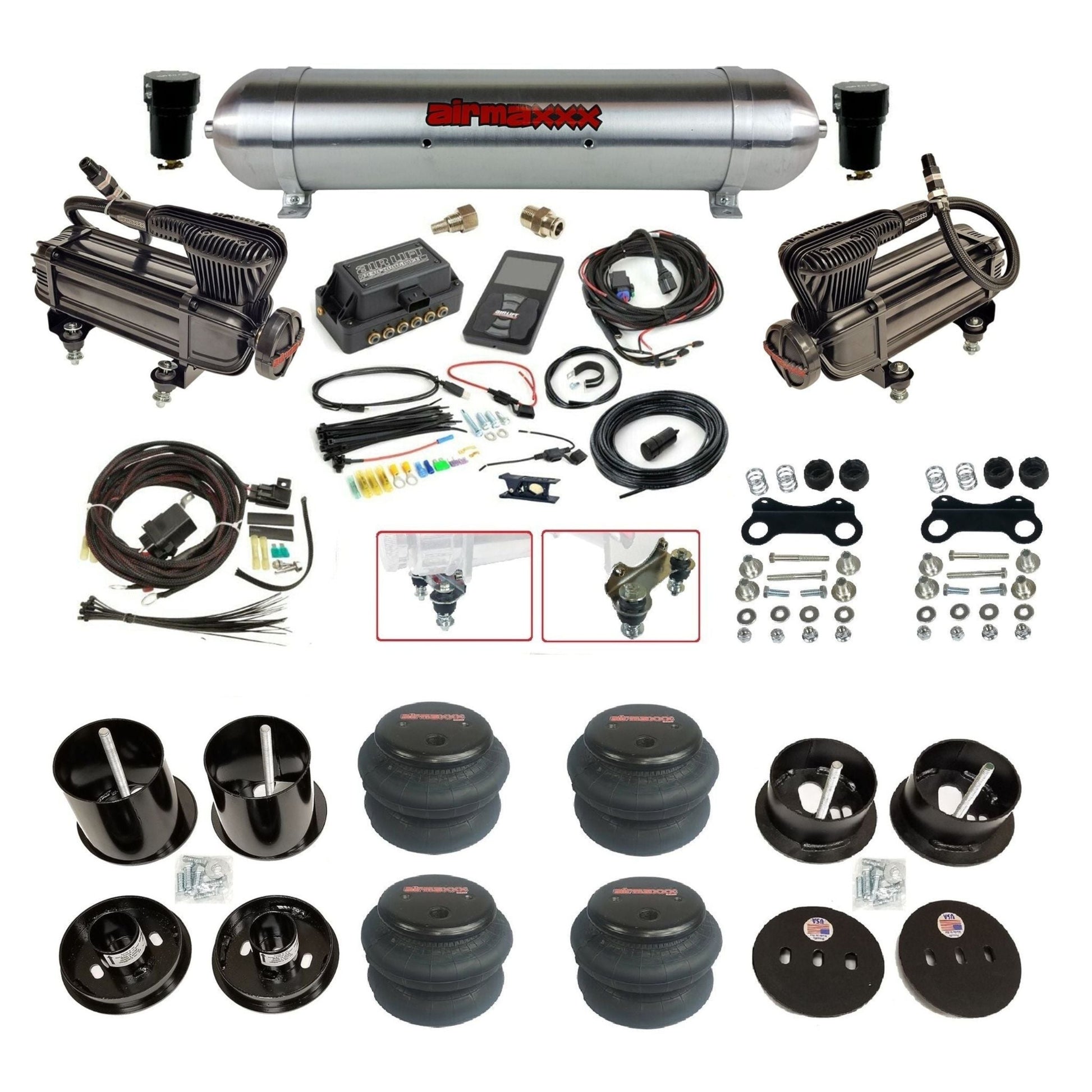 Air Lift 3P 27685 3/8 air suspension kit with dual X-series compressors aluminum tank & 2600 bags w/airmaxxx brackets fits 1963-64 Cadillac KCAD63-XB2-57ARW-27685-WK-3P2