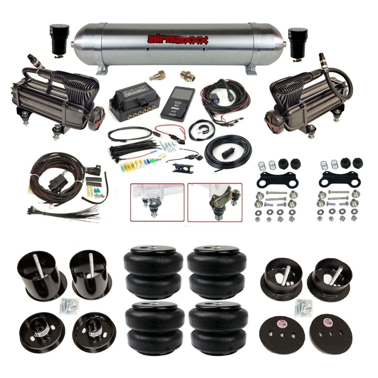 Air Lift 3P 27685 3/8 air suspension kit with dual X-series compressors aluminum tank & airlift bags w/airmaxxx brackets fits 1963-64 Cadillac KCAD63-XB2-57ARW-27685-WK-3P2D25