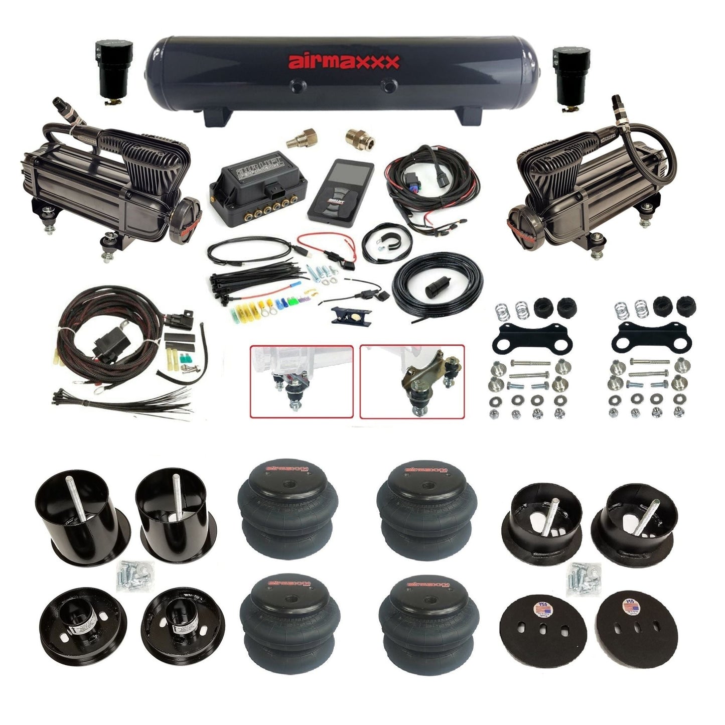 Air Lift 3P 27685 3/8 air suspension kit with dual X-series compressors steel tank & 2600 bags w/airmaxxx brackets fits 1963-64 Cadillac KCAD63-XB2-57S-27685-WK-3P2