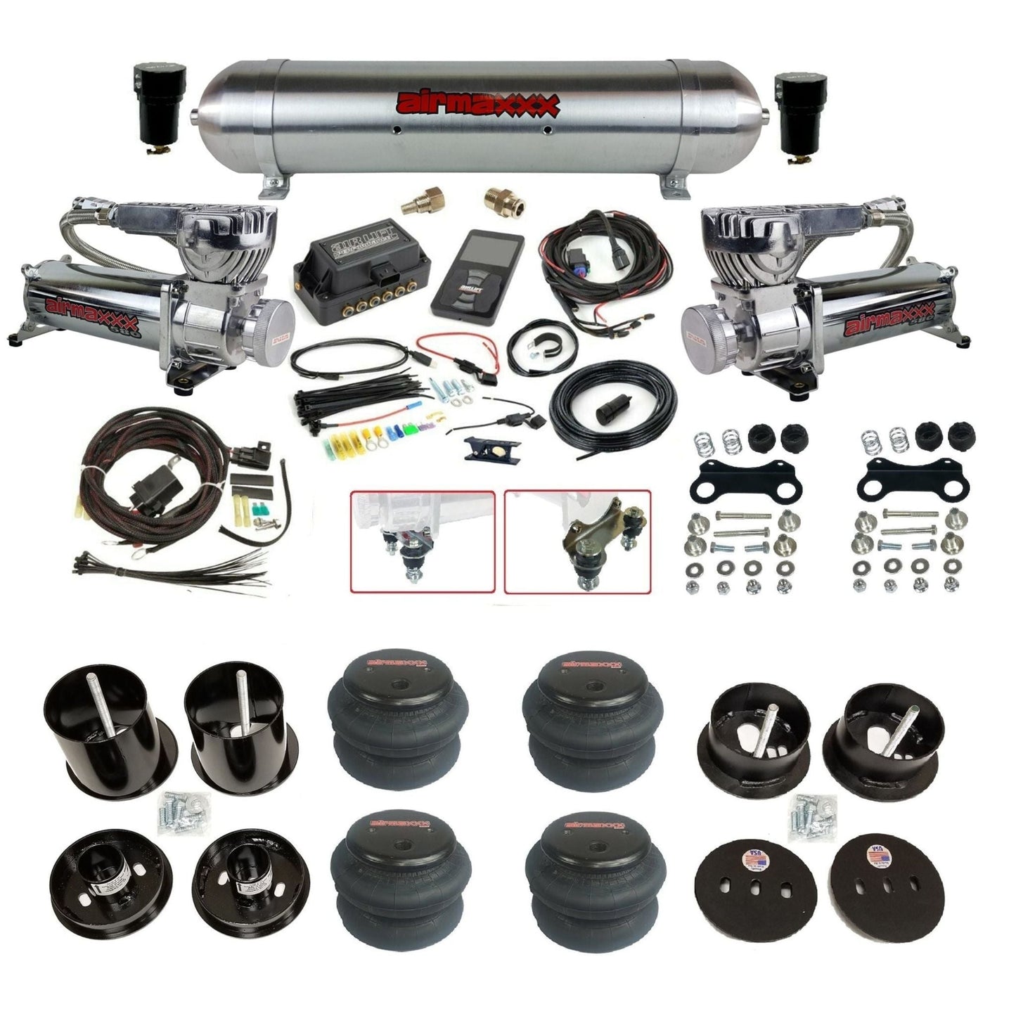 Air Lift 3P 27685 3/8 air suspension kit with dual chrome 580 compressors aluminum tank & 2600 bags w/airmaxxx brackets fits 1963-64 Cadillac KCAD63-580C2-57ARW-27685-WK-3P