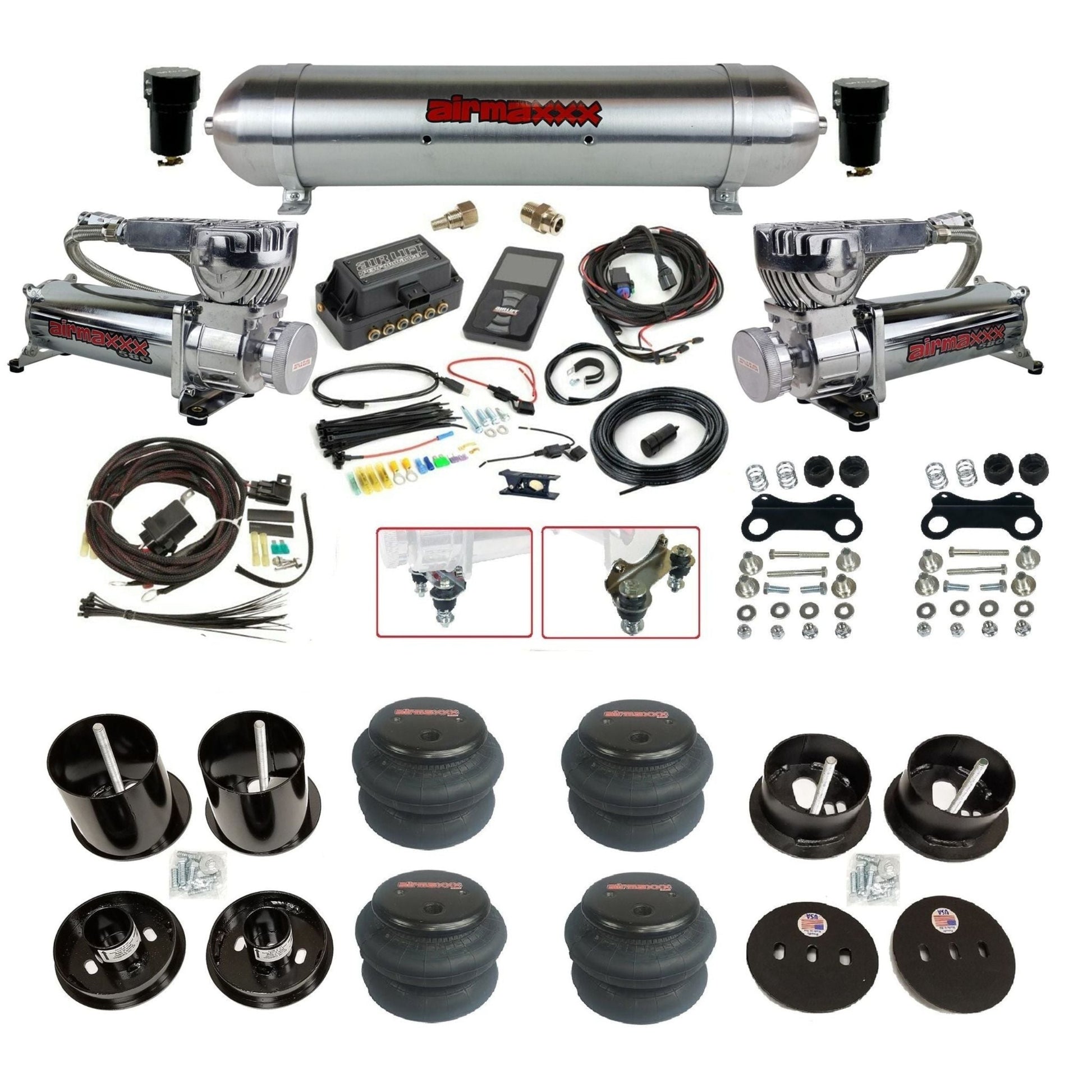 Air Lift 3P 27685 3/8 air suspension kit with dual chrome 580 compressors aluminum tank & 2600 bags w/airmaxxx brackets fits 1963-64 Cadillac KCAD63-580C2-57ARW-27685-WK-3P