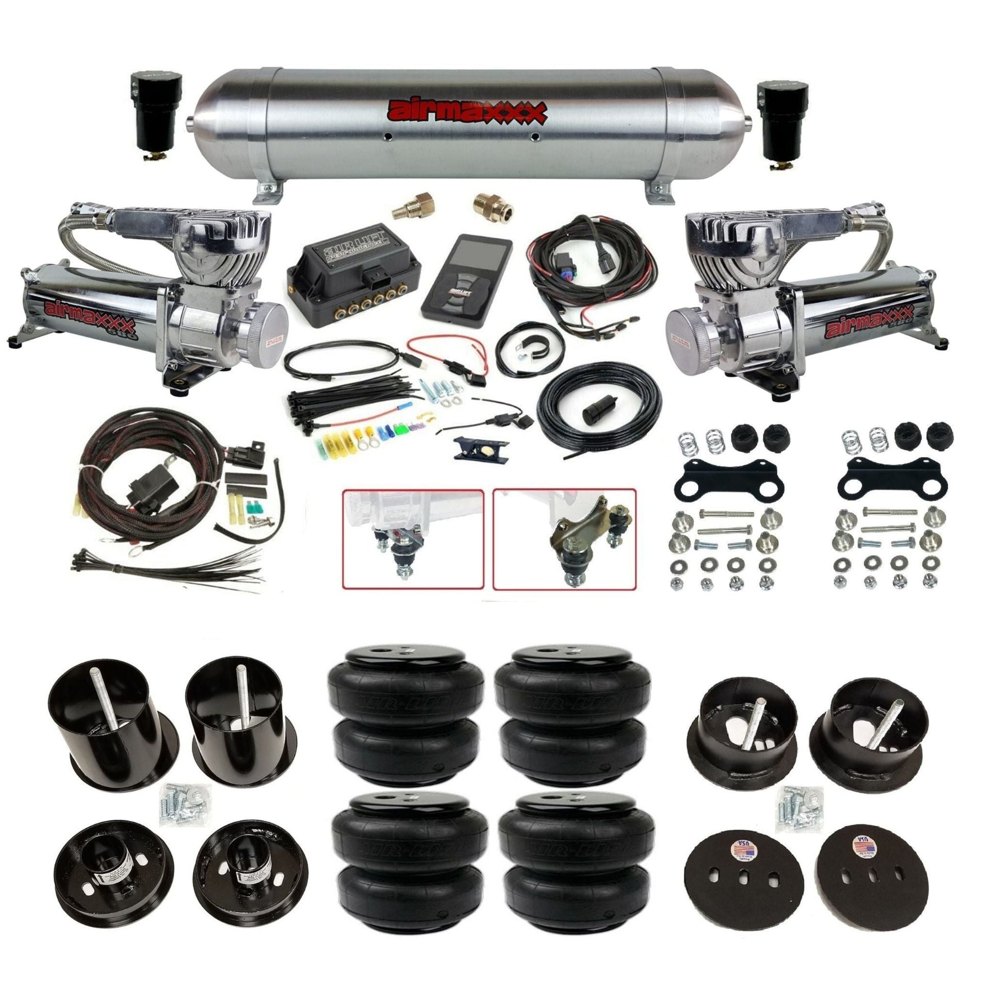 Air Lift 3P 27685 3/8 air suspension kit with dual chrome 580 compressors aluminum tank & airlift bags w/airmaxxx brackets fits 1963-64 Cadillac KCAD63-580C2-57ARW-27685-WK-3PD25