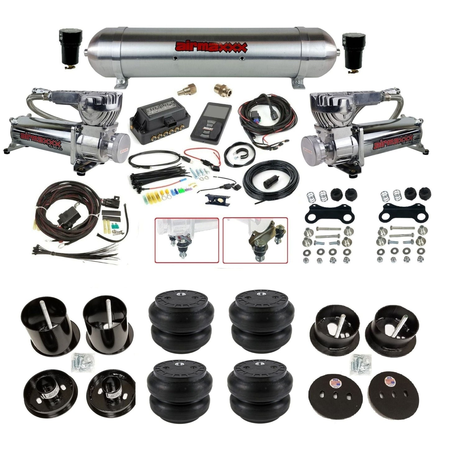 Air Lift 3P 27685 3/8 air suspension kit with dual chrome 580 compressors aluminum tank & slam bags w/airmaxxx brackets fits 1963-64 Cadillac KCAD63-580C2-57ARW-27685-WK-3P2SS7