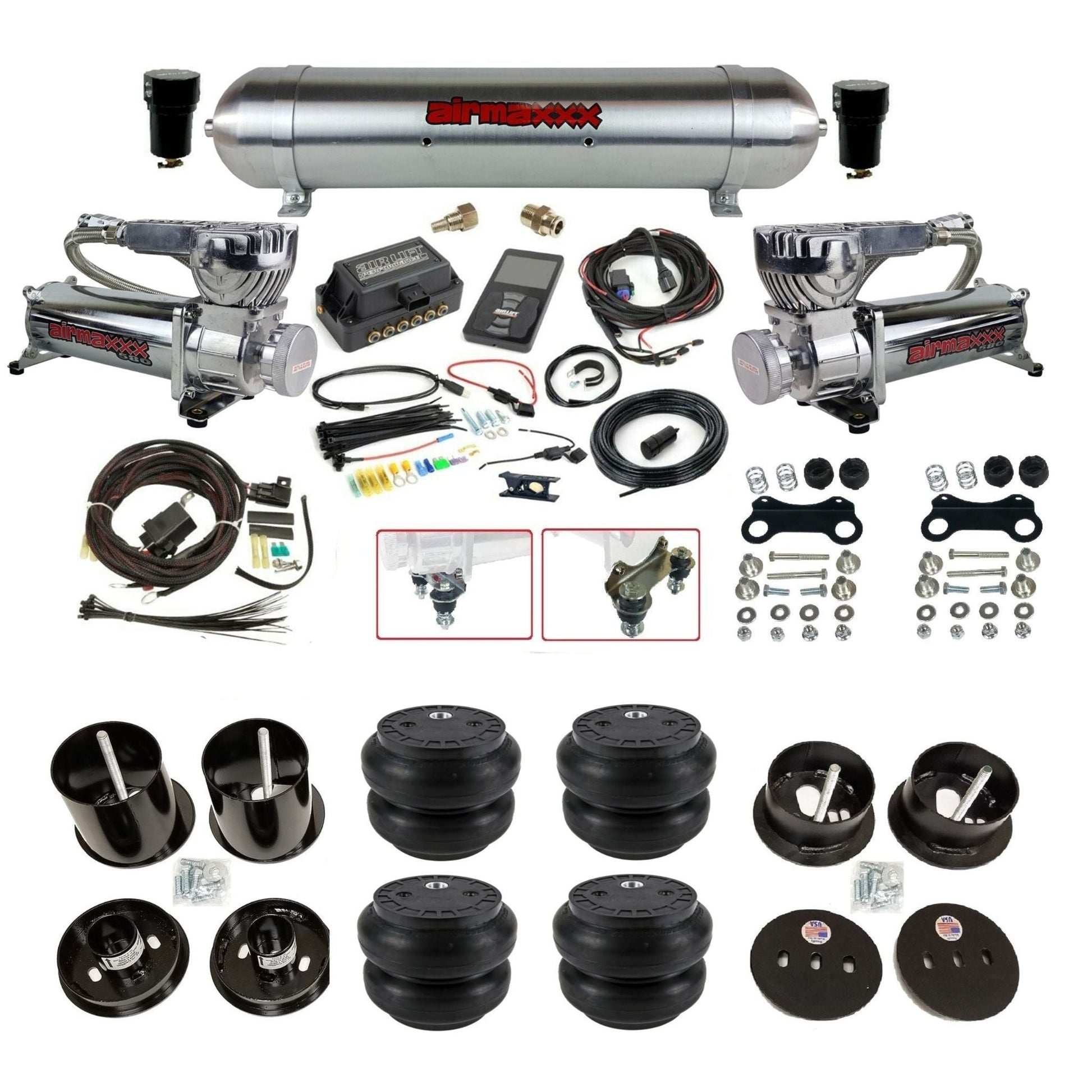 Air Lift 3P 27685 3/8 air suspension kit with dual chrome 580 compressors aluminum tank & slam bags w/airmaxxx brackets fits 1963-64 Cadillac KCAD63-580C2-57ARW-27685-WK-3P2SS7