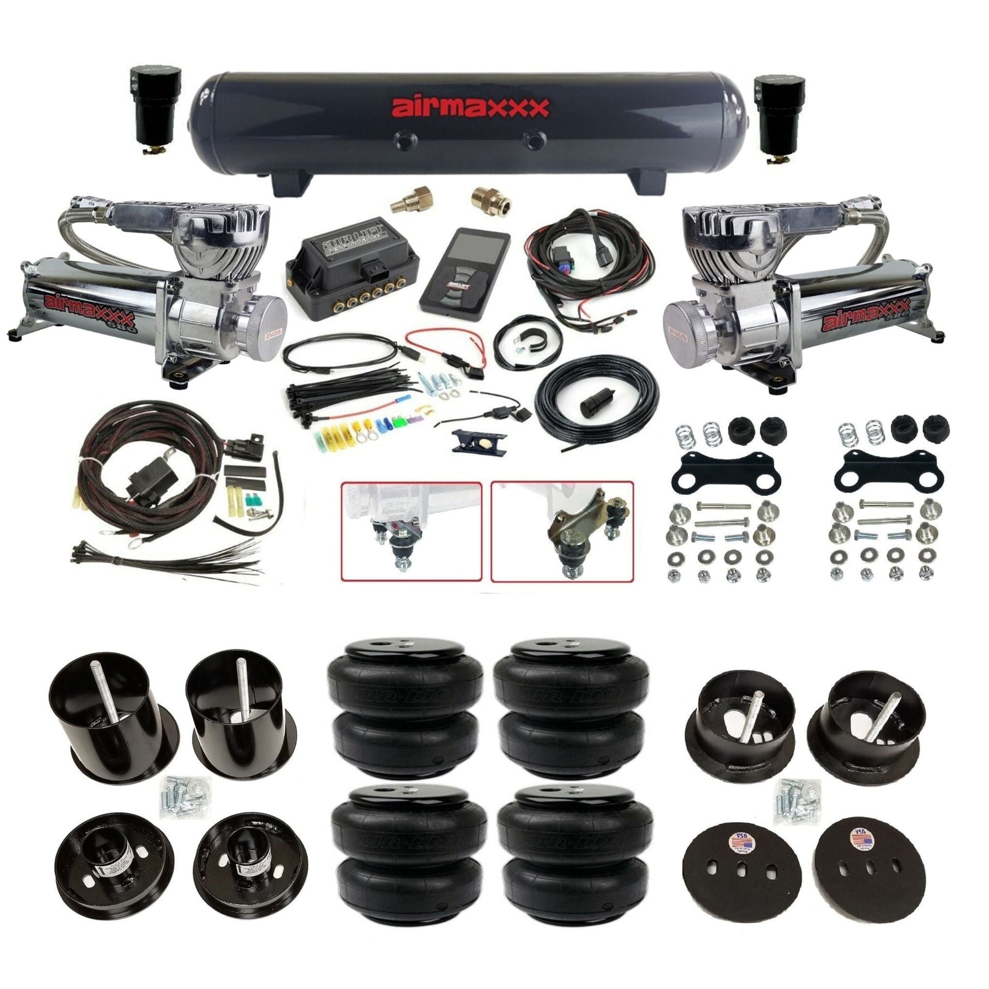 Air Lift 3P 27685 3/8 air suspension kit with dual chrome 580 compressors steel tank & airlift bags w/airmaxxx brackets fits 1963-64 Cadillac KCAD63-580C2-57S-27685-WK-3PD25