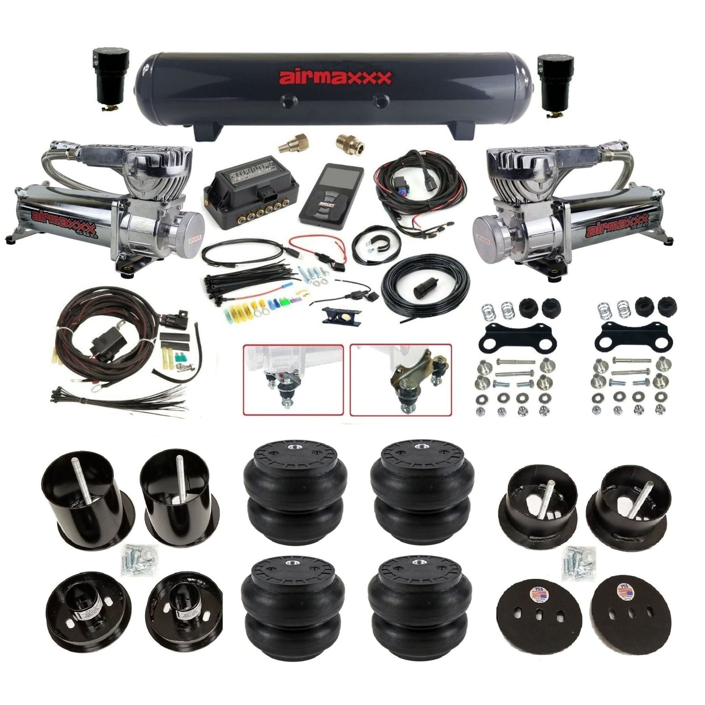 Air Lift 3P 27685 3/8 air suspension kit with dual chrome 580 compressors steel tank & slam bags w/airmaxxx brackets fits 1963-64 Cadillac CAD63-580C2-57S-27685-WK-3PSS7