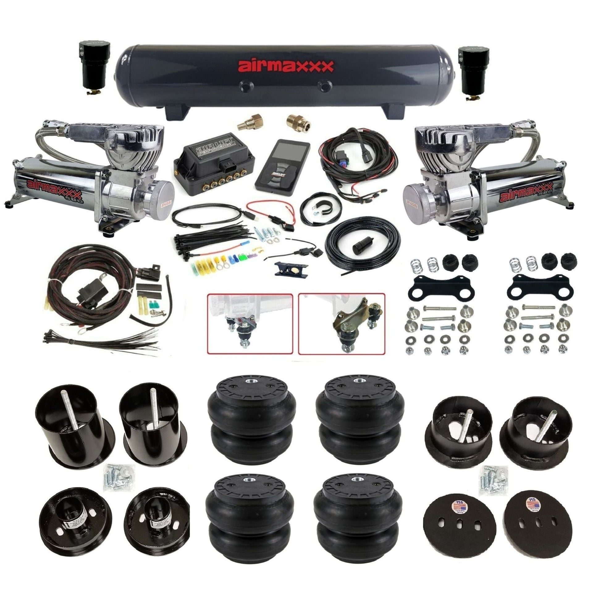 Air Lift 3P 27685 3/8 air suspension kit with dual chrome 580 compressors steel tank & slam bags w/airmaxxx brackets fits 1963-64 Cadillac CAD63-580C2-57S-27685-WK-3PSS7
