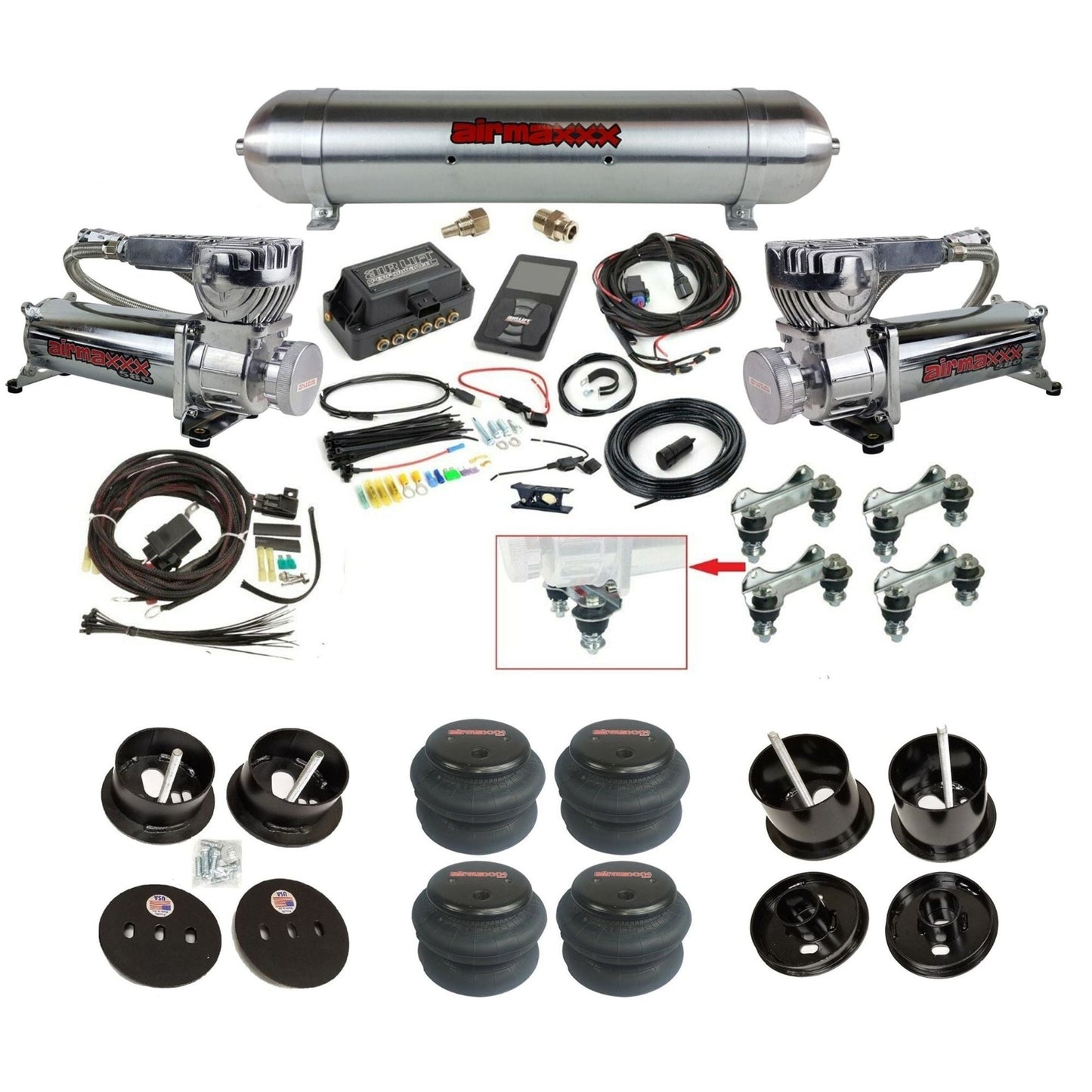 Air Lift 3P 27685 3/8 chrome 580 compressor raw aluminum tank 2600 bags & brackets air ride kit fits 1961-62 Cadillac K-CAD6162-580C2-57ARW-27685-WK-3P2