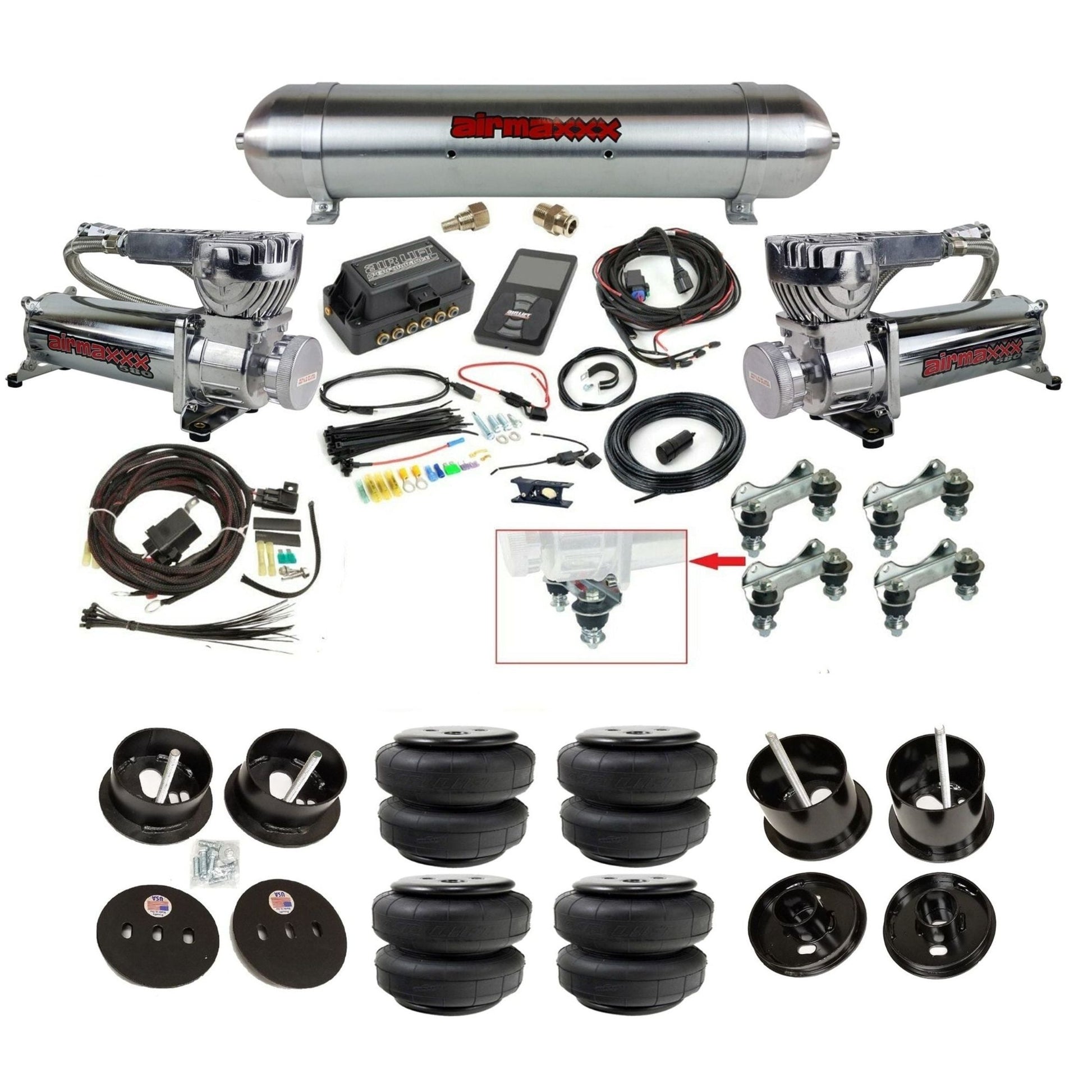 Air Lift 3P 27685 3/8 chrome 580 compressor raw aluminum tank airlift bags & brackets air ride kit fits 1961-62 Cadillac K-CAD6162-580C2-57ARW-27685-WK-3P2D25