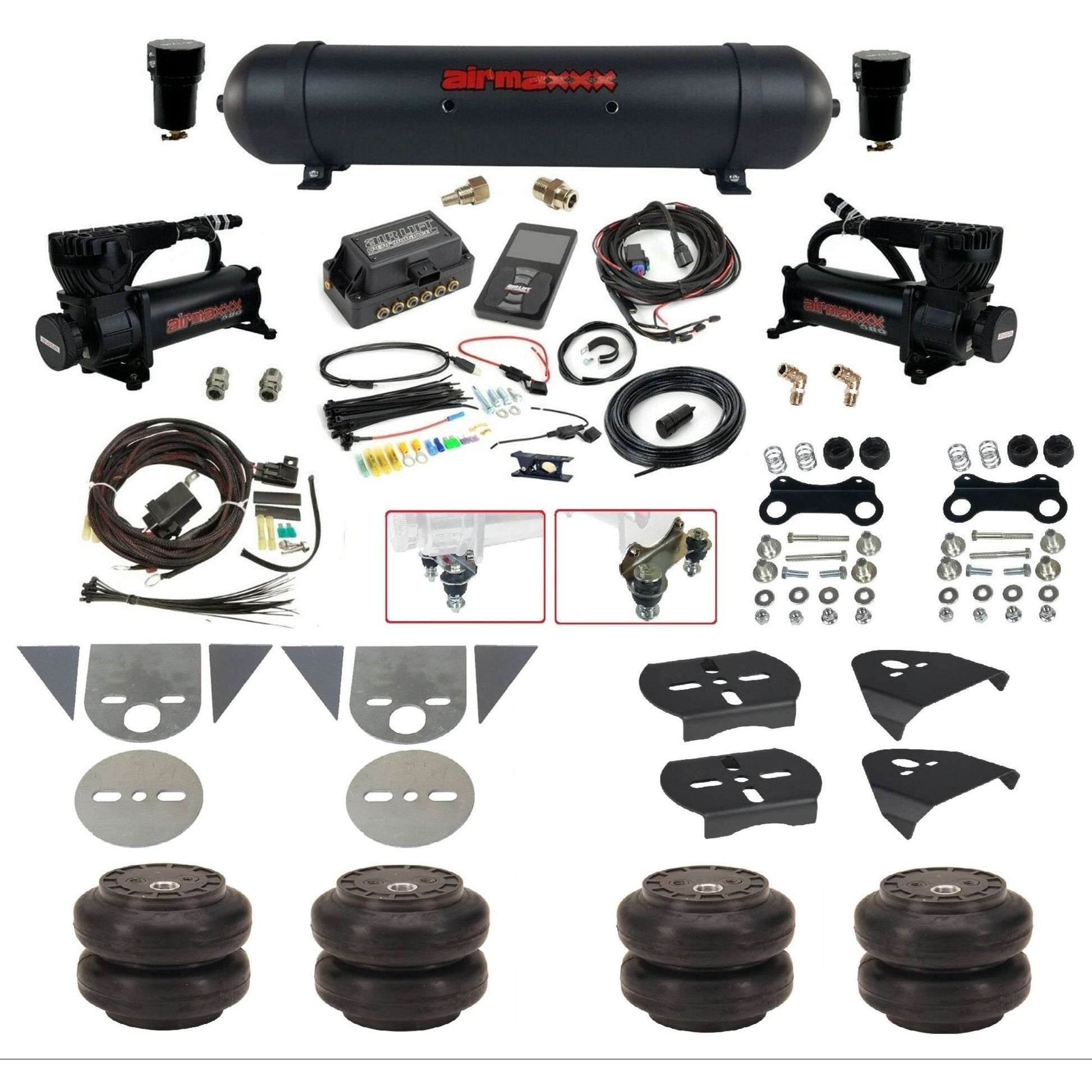 Air Lift 3P 27685 dual 580 black compressors aluminum tank slam bags & airmaxxx brackets Air Ride Kit for Import Mini Trucks KTOR-580B2-57ABK-27685-WK-3P2SS6