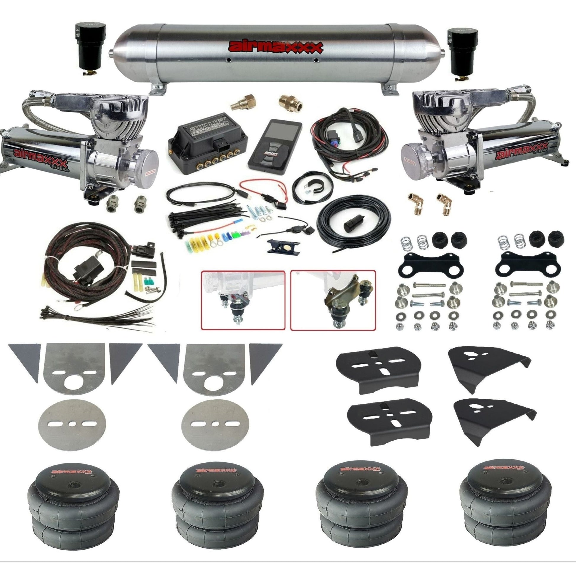 Air Lift 3P 27685 dual 580 chrome compressors raw aluminum tank 2500 bags & brackets Air Ride Kit for Import Mini Trucks KTOR-580C2-57ARW-27685-WK-3P2
