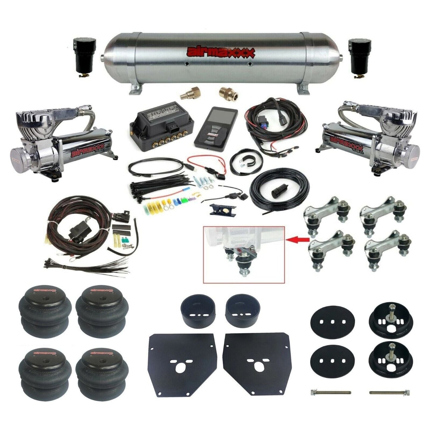 Air Lift 3P 27685 dual 580 chrome compressors raw aluminum tank 2600 bags & airmaxxx brackets Air Ride Kit for 1963–72 Chevy C10 KC1063-580C2-57ARAW-27685-WK-3P2