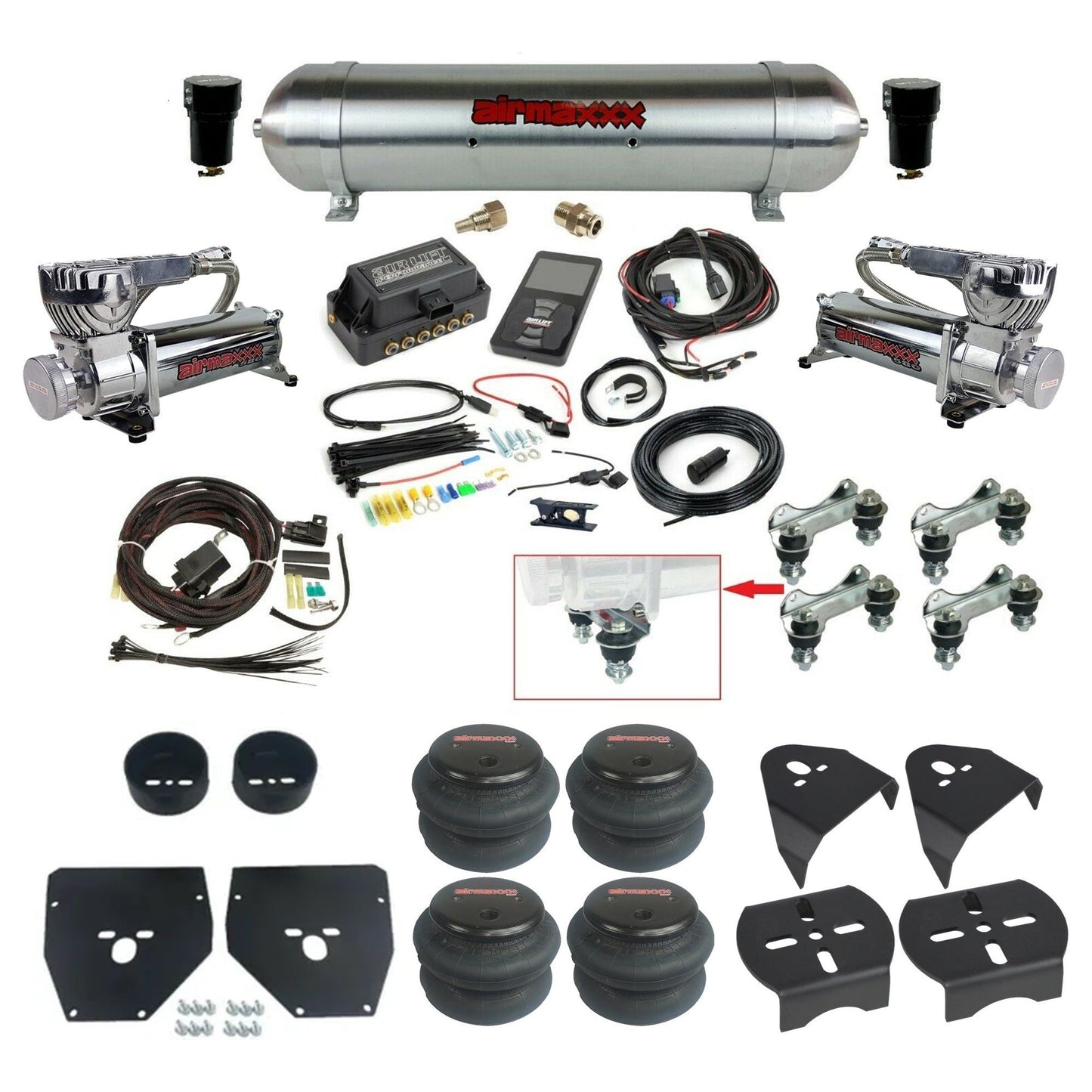Air Lift 3P 27685 dual 580 chrome compressors raw aluminum tank 2600 bags & airmaxxx brackets Air Ride Kit for 1973–87 Chevy C10 KC1073-580C2-57ARAW-27685-WK-3P2