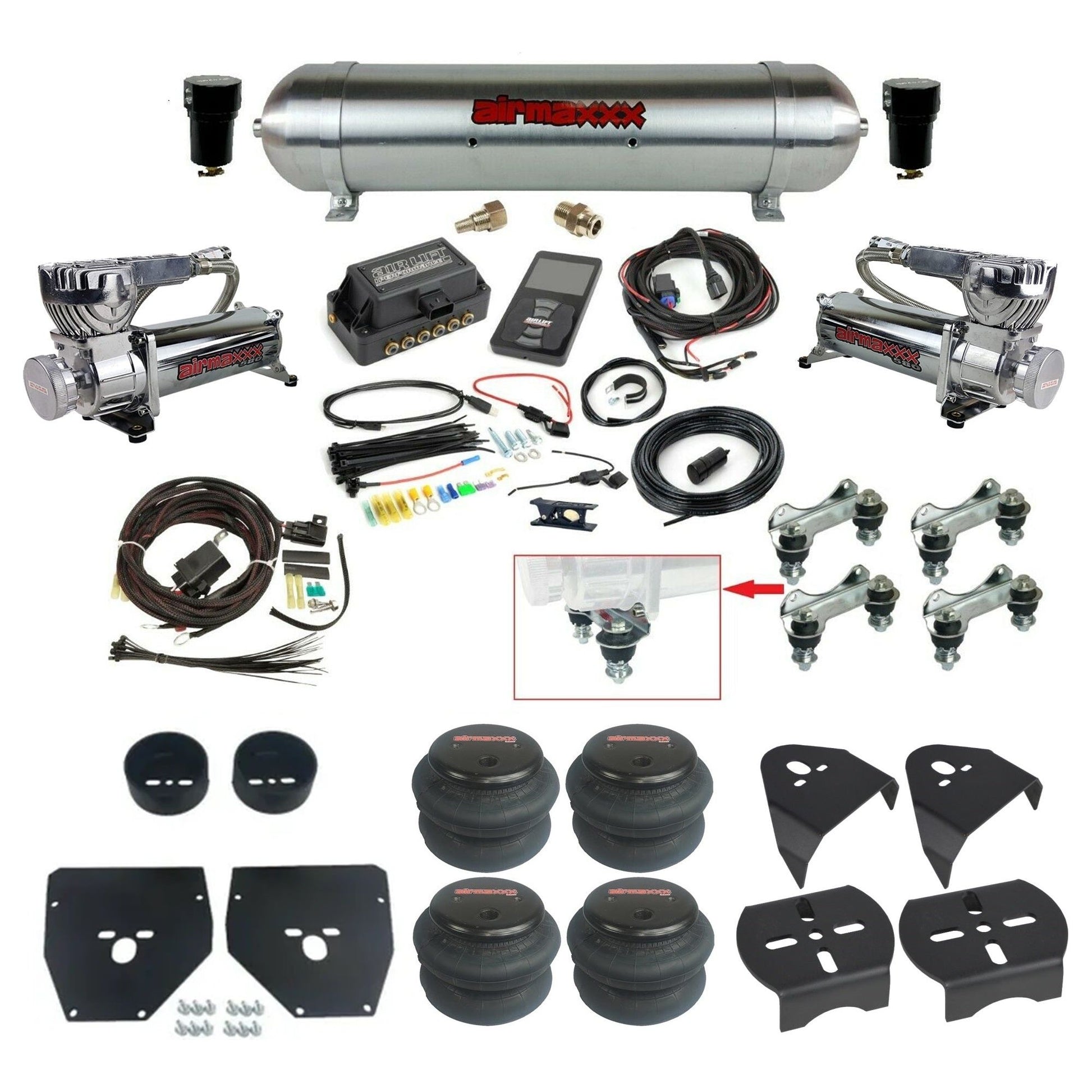 Air Lift 3P 27685 dual 580 chrome compressors raw aluminum tank 2600 bags & airmaxxx brackets Air Ride Kit for 1973–87 Chevy C10 KC1073-580C2-57ARAW-27685-WK-3P2