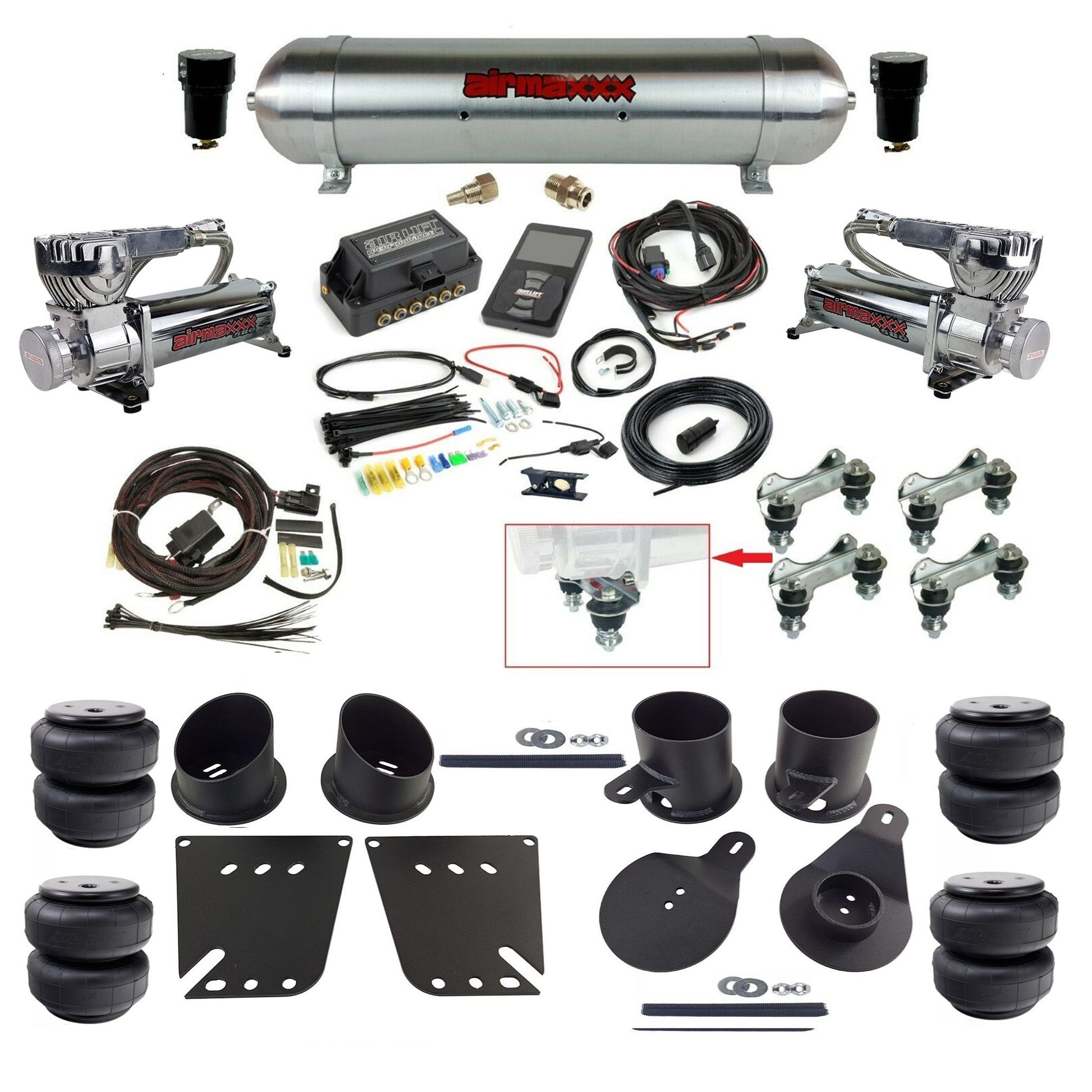 Air Lift 3P 27685 dual 580 chrome   compressors raw aluminum tank airlift bags & airmaxxx brackets Air Ride Kit for 1958–64 Chevy Impala KIMP58-580C2-57ARAW-27685-WK-3P2.D25