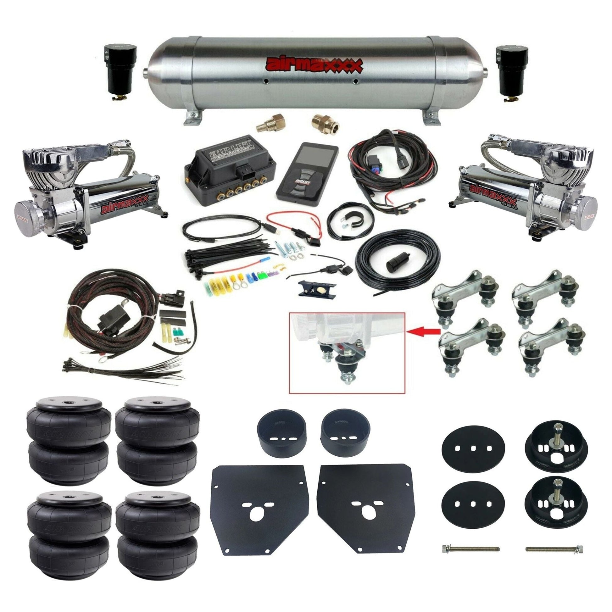 Air Lift 3P 27685 dual 580 chrome compressors raw aluminum tank airlift bags & airmaxxx brackets Air Ride Kit for 1963–72 Chevy C10 KC1063-580C2-57ARAW-27685-WK-3P2D26