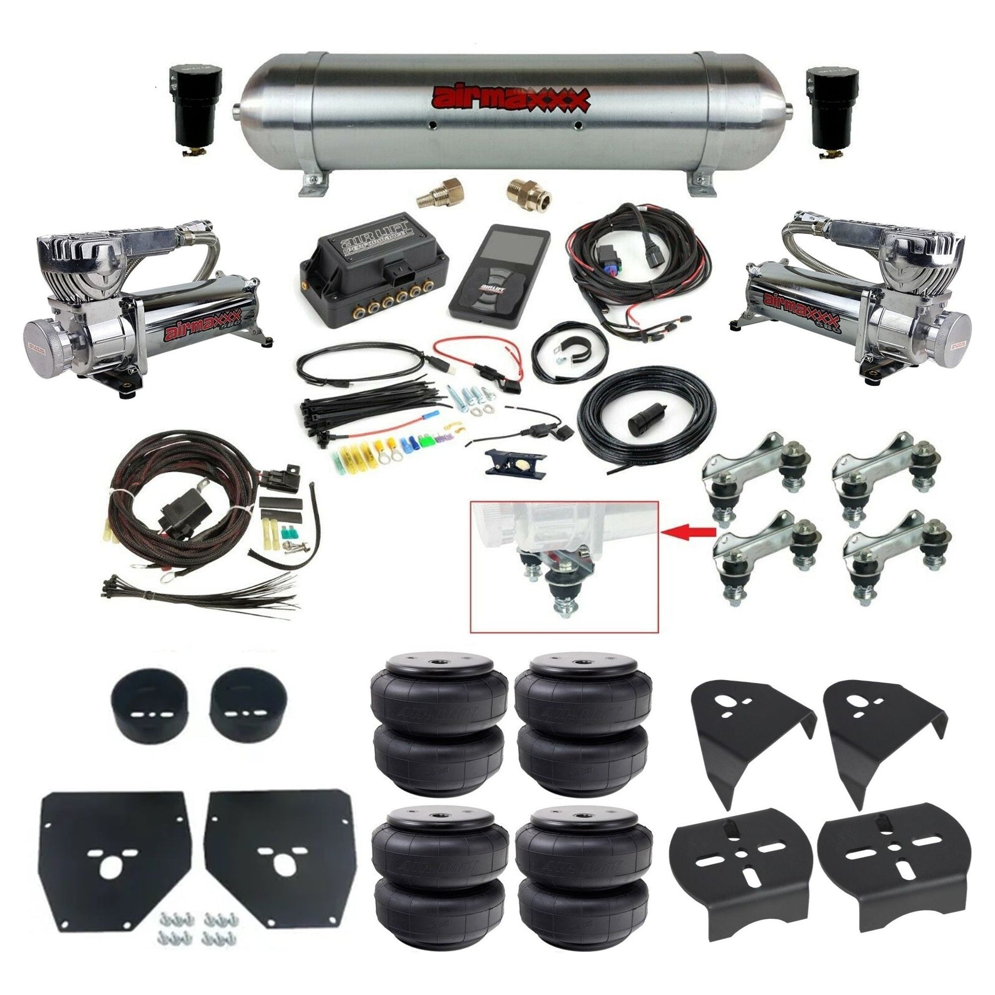 Air Lift 3P 27685 dual 580 chrome compressors raw aluminum tank airlift bags & airmaxxx brackets Air Ride Kit for 1973–87 Chevy C10 KC1073-580C2-57ARAW-27685-WK-3P2D26