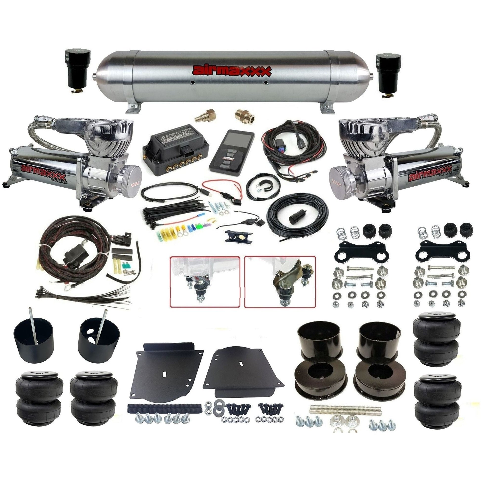 Air Lift 3P 27685 dual 580 chrome compressors raw aluminum tank & airlift bags w/airmaxxx brackets Air Ride Kit for 1964–72 GM A-Body KABDY-580C2-57ARW-27685-WK-3P2D25