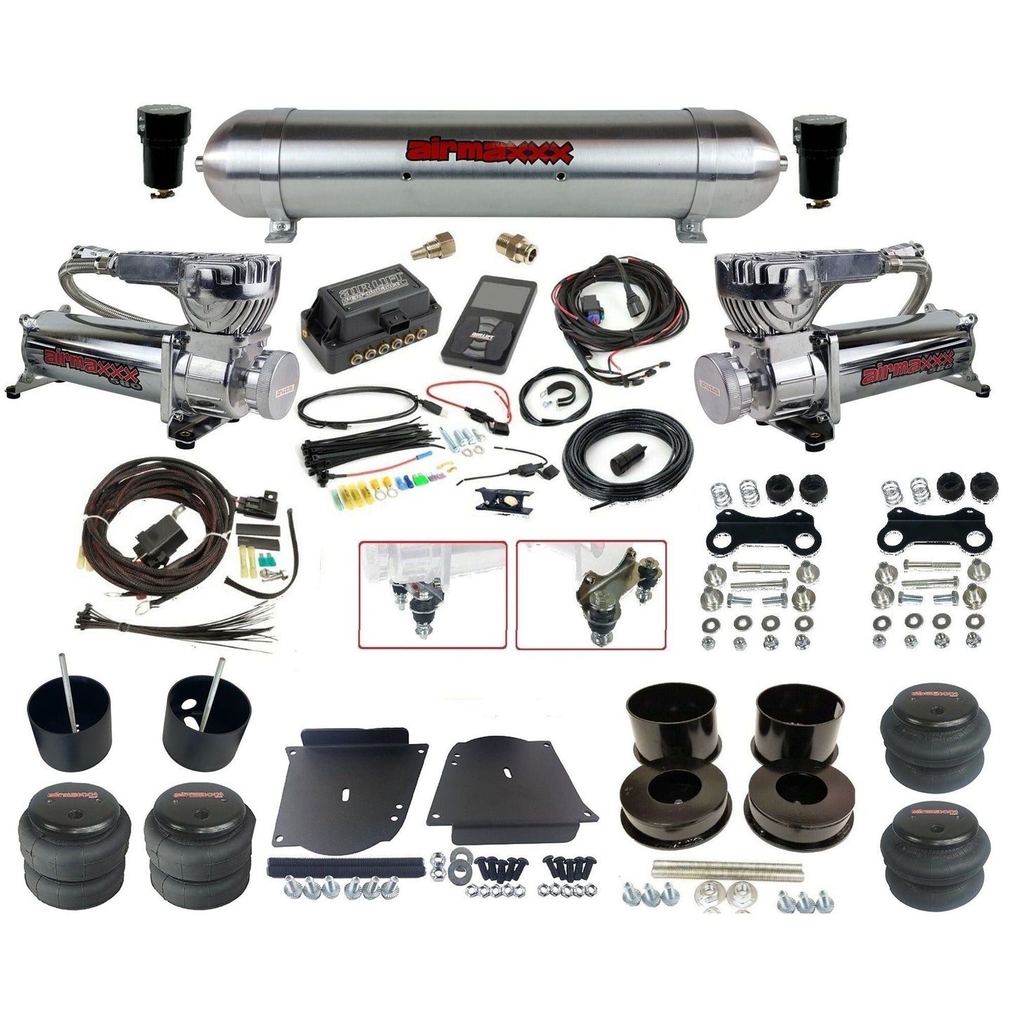 Air Lift 3P 27685 dual 580 chrome compressors raw aluminum tank & bags w/airmaxxx brackets Air Ride Kit for 1964–72 GM A-Body KABDY-580C2-57ARW-27685-WK-3P2