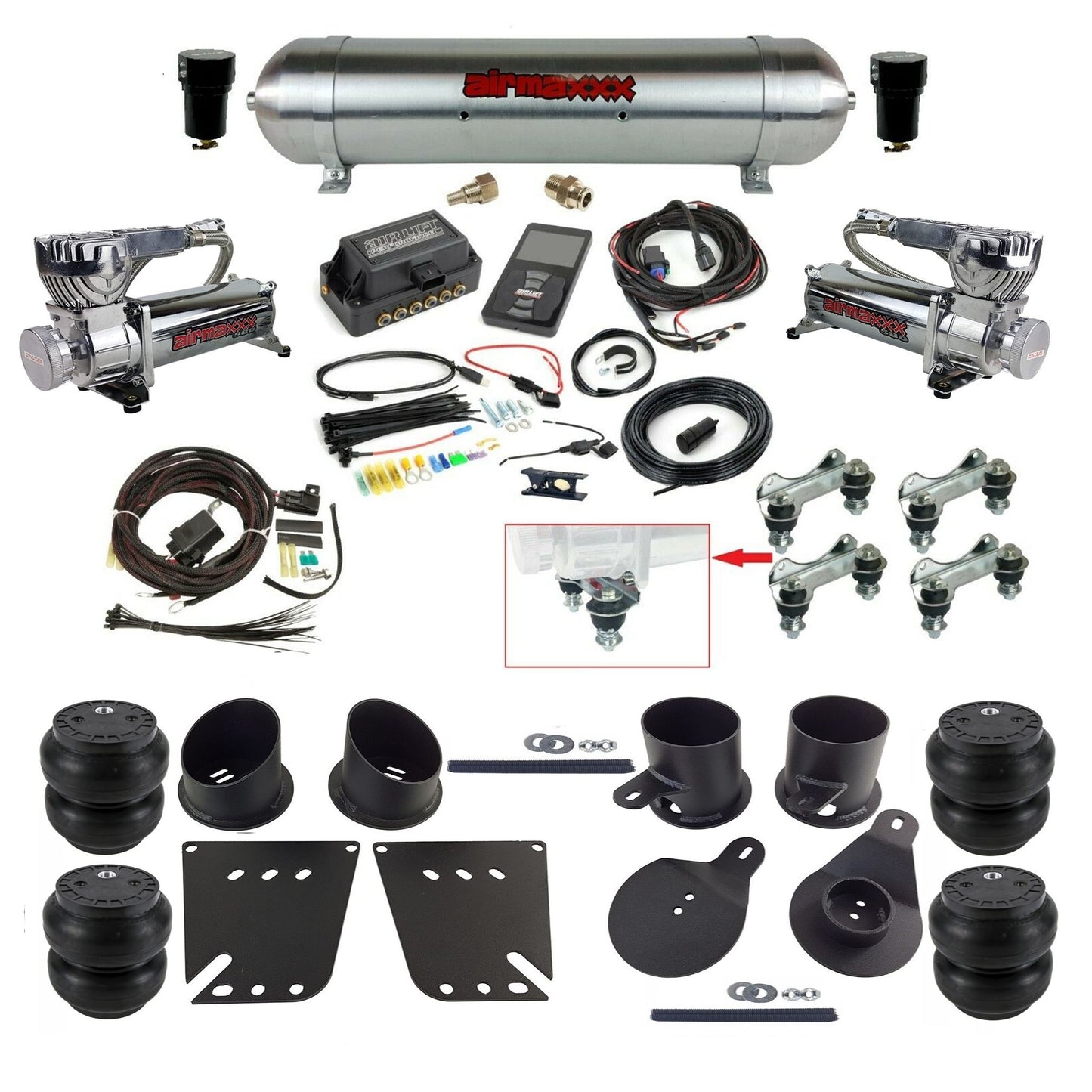 Air Lift 3P 27685 dual 580 chrome   compressors raw aluminum tank slam bags & airmaxxx brackets Air Ride Kit for 1958–64 Chevy Impala KIMP58-580C2-57ARAW-27685-WK-3P2.SS7