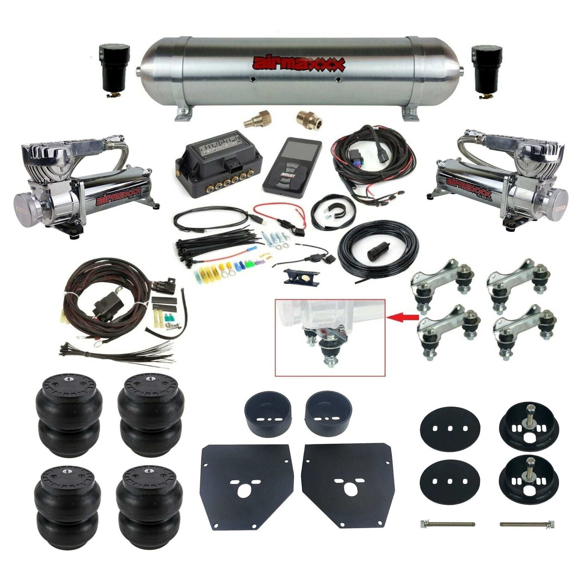 Air Lift 3P 27685 dual 580 chrome compressors raw aluminum tank slam bags & airmaxxx brackets Air Ride Kit for 1963–72 Chevy C10 KC1063-580C2-57ARAW-27685-WK-3P2SS7