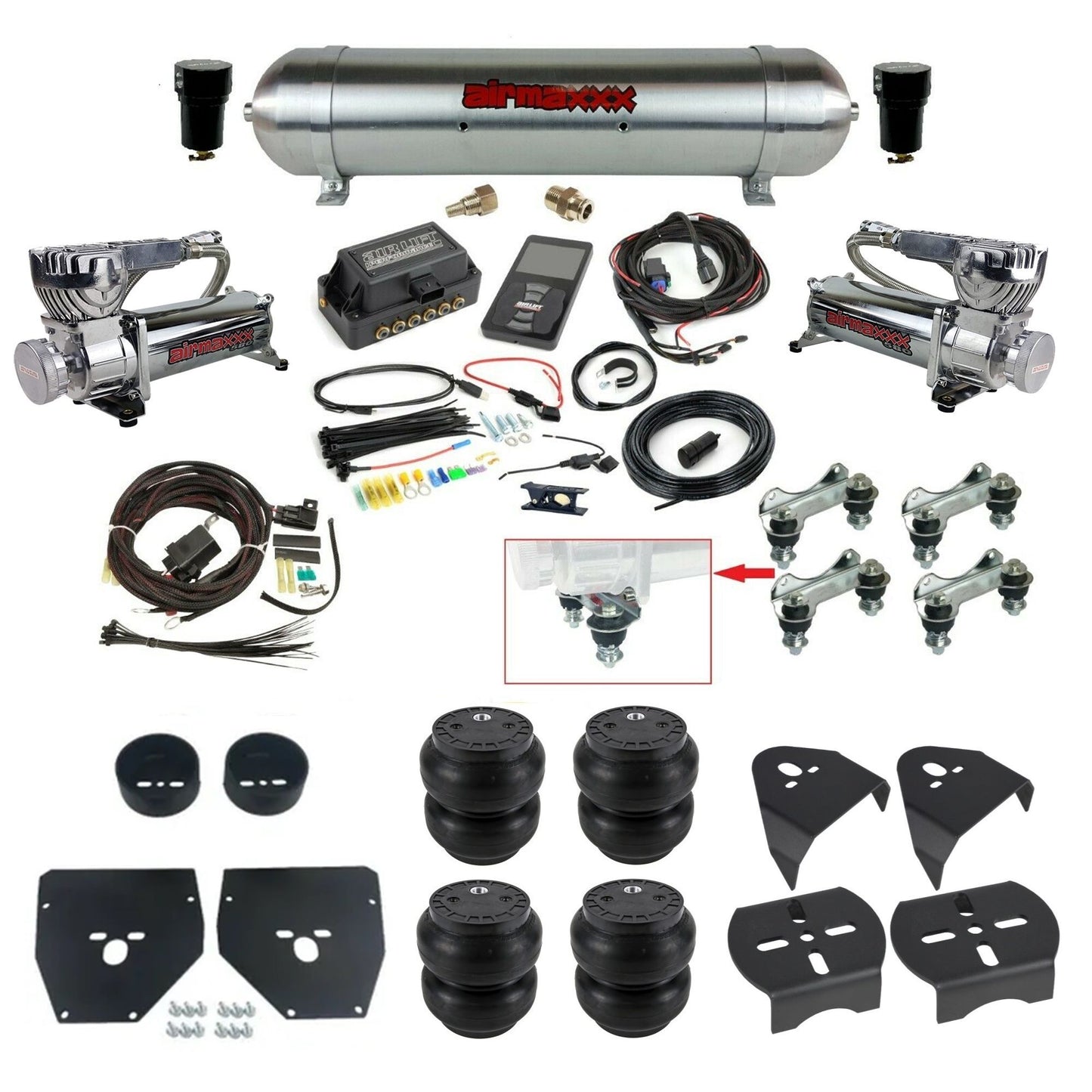 Air Lift 3P 27685 dual 580 chrome compressors raw aluminum tank slam bags & airmaxxx brackets Air Ride Kit for 1973–87 Chevy C10 KC1073-580C2-57ARAW-27685-WK-3P2SS7