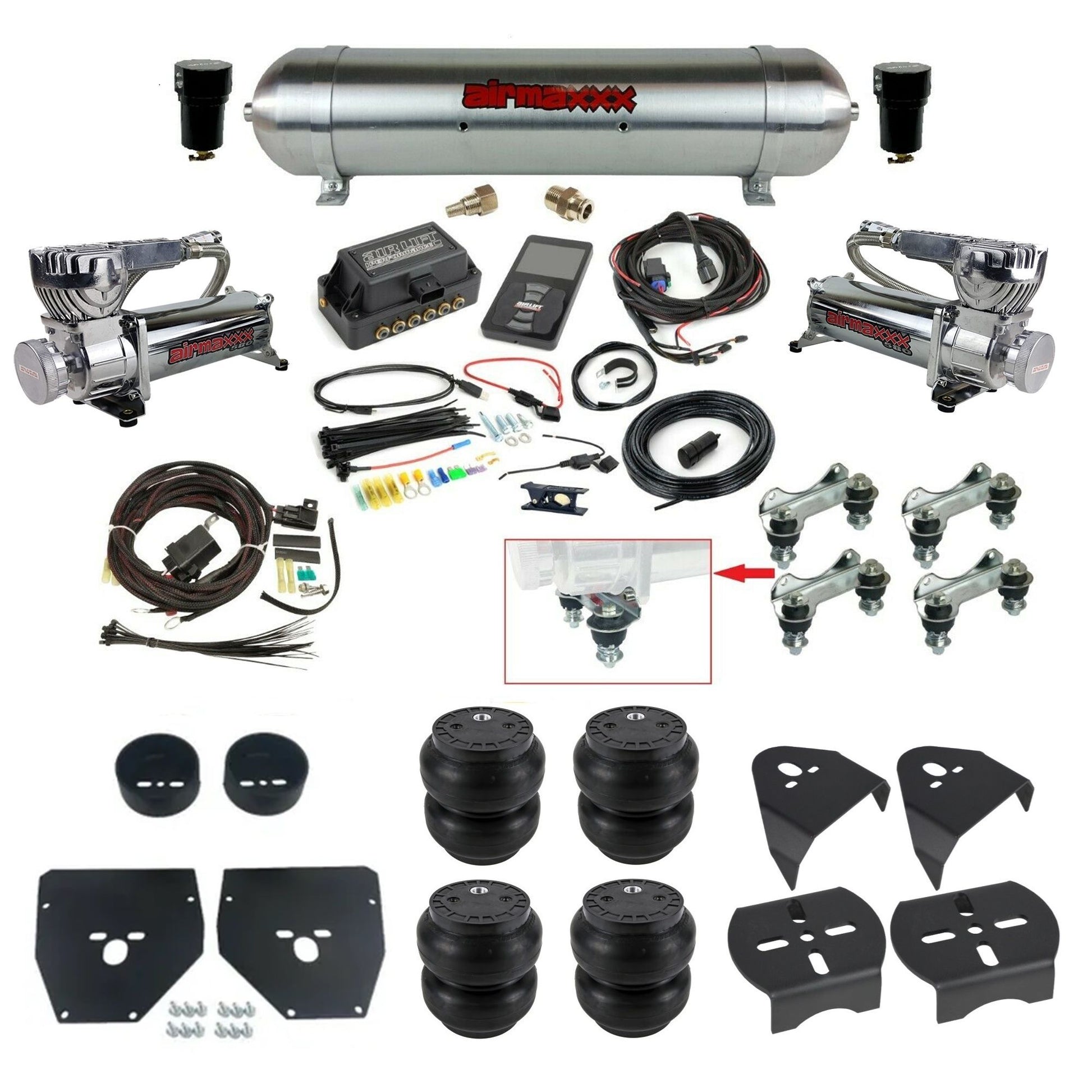 Air Lift 3P 27685 dual 580 chrome compressors raw aluminum tank slam bags & airmaxxx brackets Air Ride Kit for 1973–87 Chevy C10 KC1073-580C2-57ARAW-27685-WK-3P2SS7