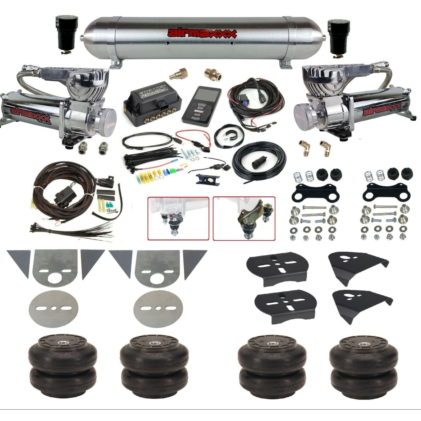 Air Lift 3P 27685 dual 580 chrome compressors raw aluminum tank slam bags & brackets Air Ride Kit for Import Mini Trucks KTOR-580C2-57ARW-27685-WK-3P2SS6