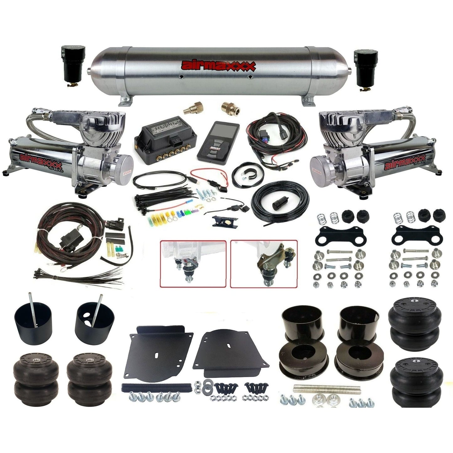 Air Lift 3P 27685 dual 580 chrome compressors raw aluminum tank & slam bags w/airmaxxx brackets Air Ride Kit for 1964–72 GM A-Body KABDY-580C2-57ARW-27685-WK-3P2SS6SS7