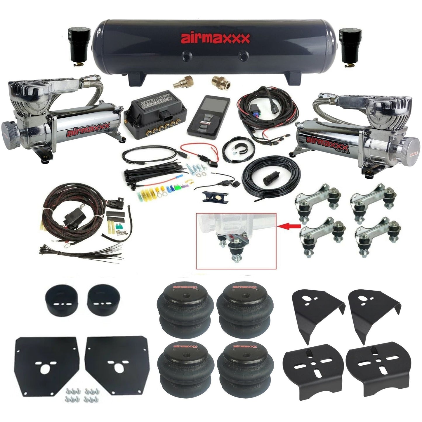 Air Lift 3P 27685 dual 580 chrome compressors steel tank 2600 bags & airmaxxx brackets Air Ride Kit for 1973–87 Chevy C10 KC1073-580C2-57S-27685-WK-3P2