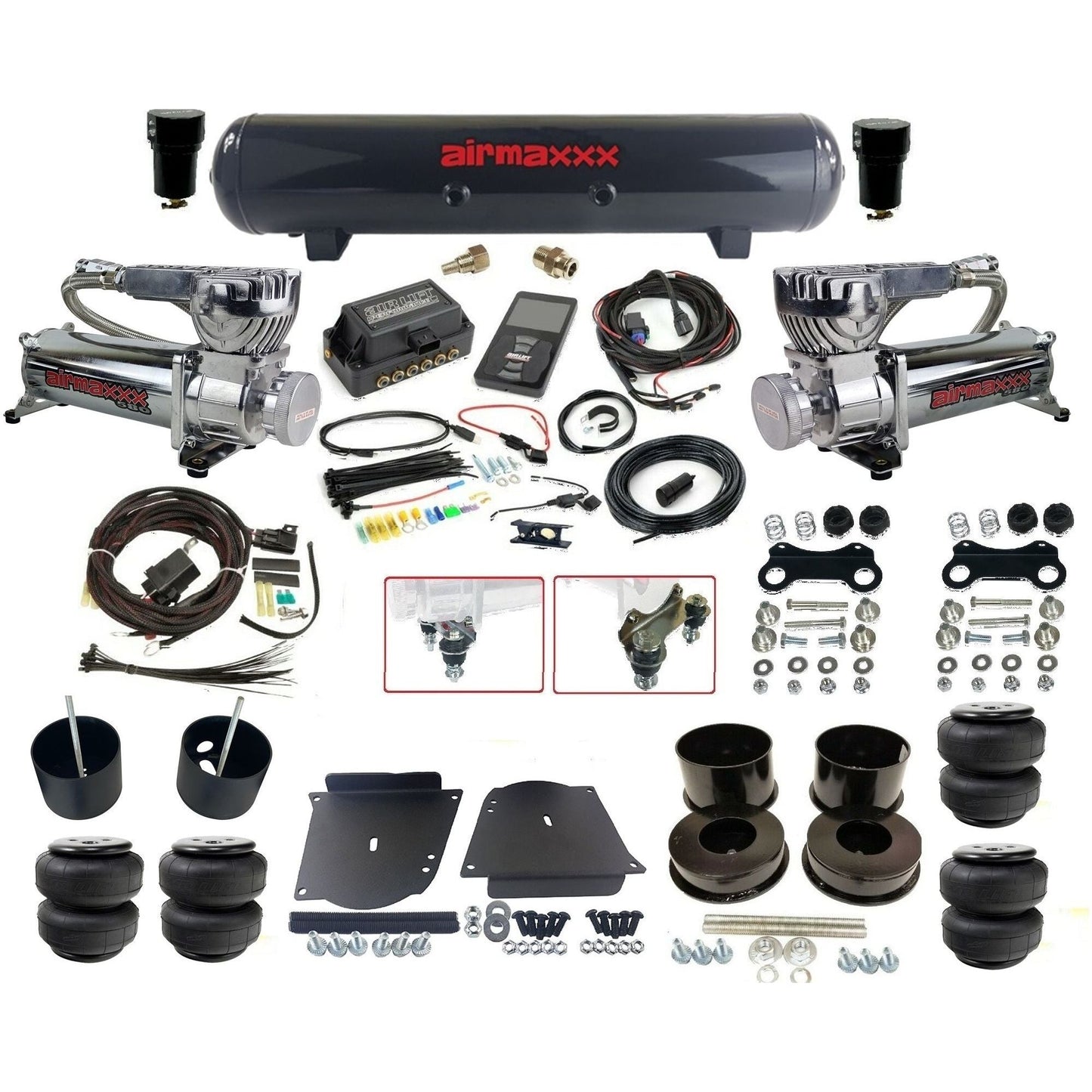 Air Lift 3P 27685 dual 580 chrome compressors steel tank & airlift bags w/airmaxxx brackets Air Ride Kit for 1964–72 GM A-Body KABDY-580C2-57S-27685-WK-3P2D25