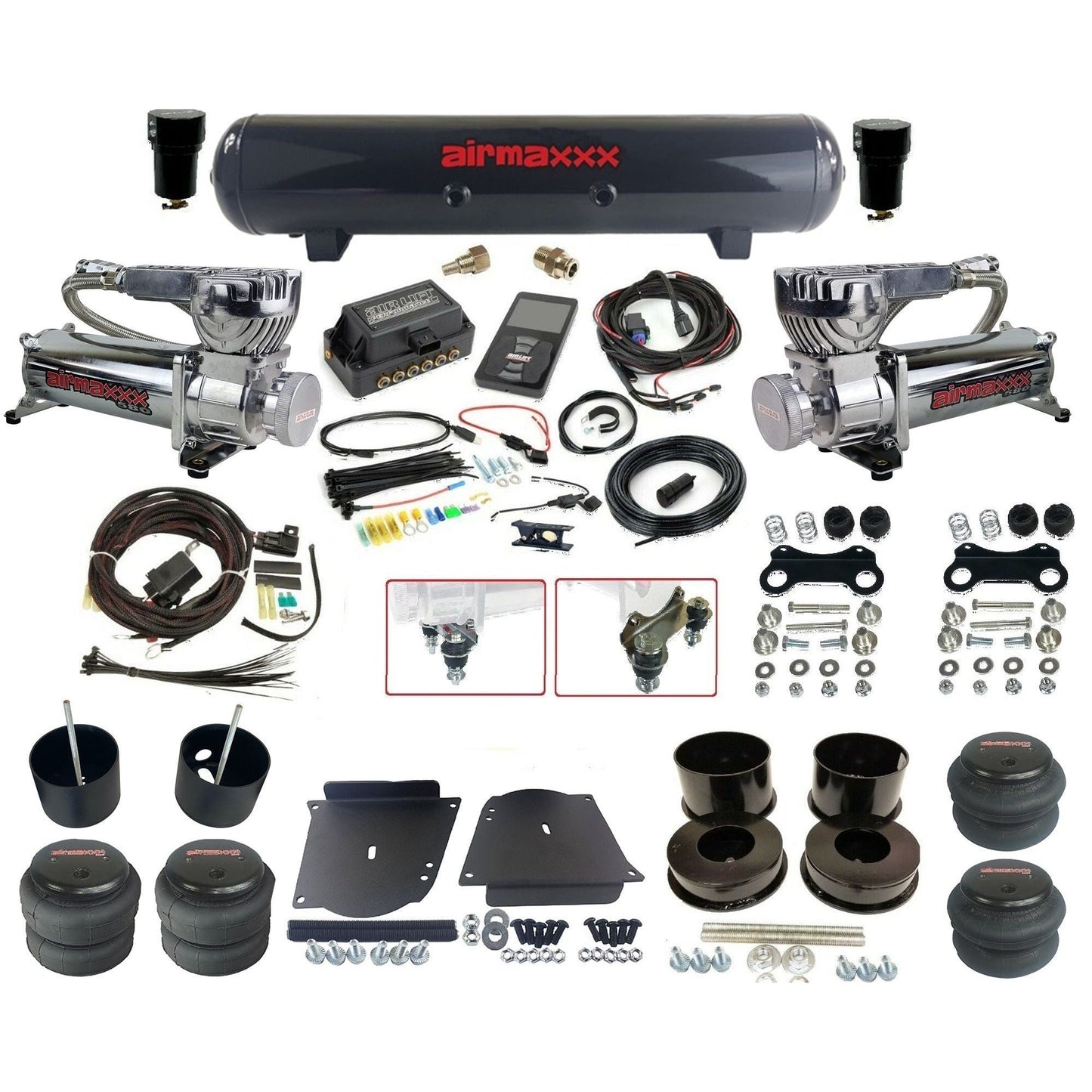 Air Lift 3P 27685 dual 580 chrome compressors steel tank & bags w/airmaxxx brackets Air Ride Kit for 1964–72 GM A-Body KABDY-580C2-57S-27685-WK-3P2